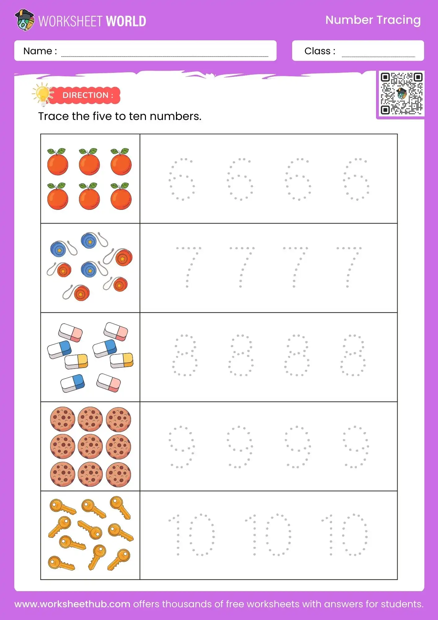 5 to 10 number tracing worksheet with pictures
