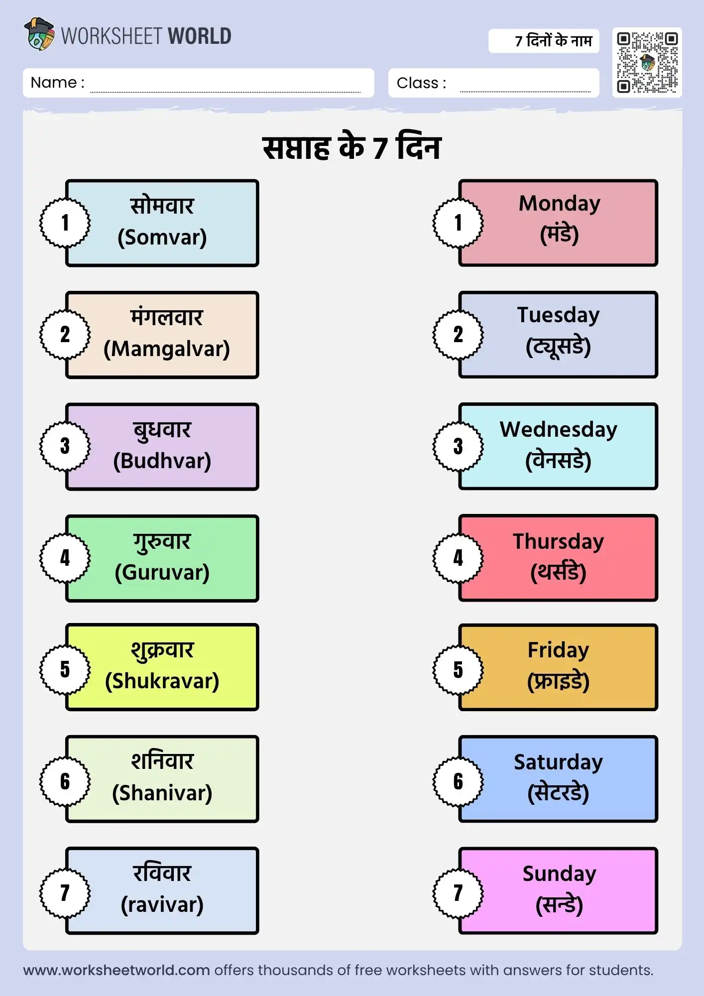 7 days name in hindi and english chart for kids
