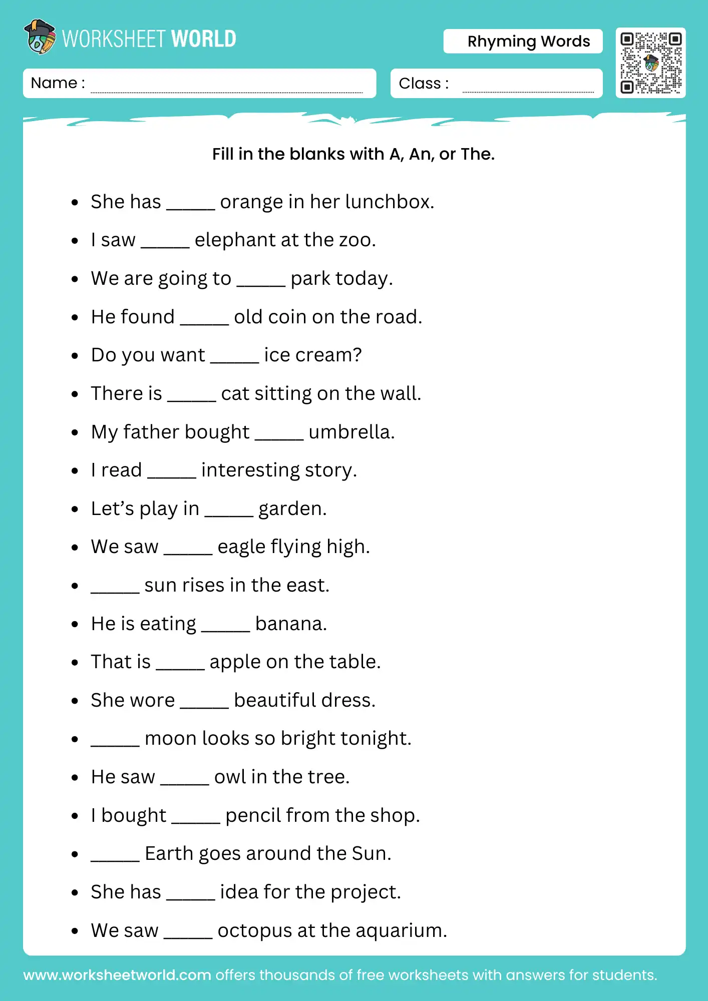 a an the grammar worksheet for ukg pdf