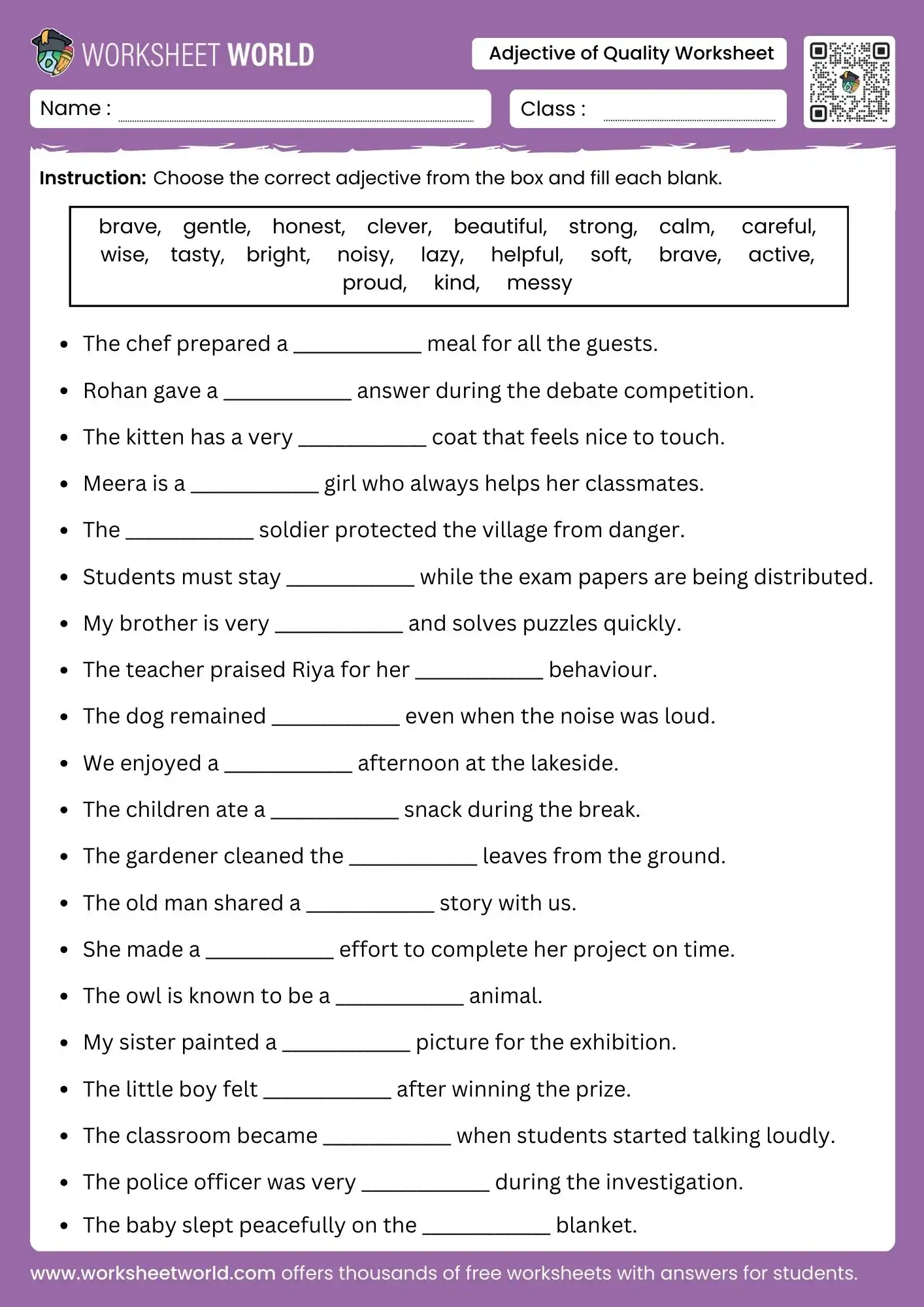 adjective of quality worksheet for class 3 class 4 class 5 grammar practice