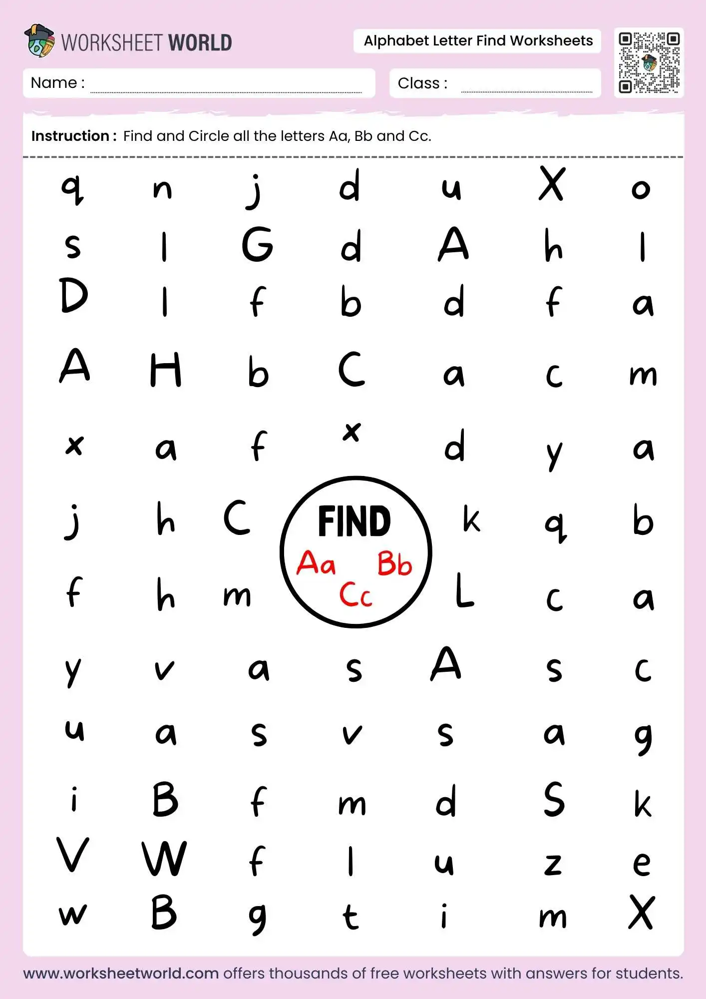 alphabet letter find worksheets featuring a massive search grid for Aa Bb and Cc