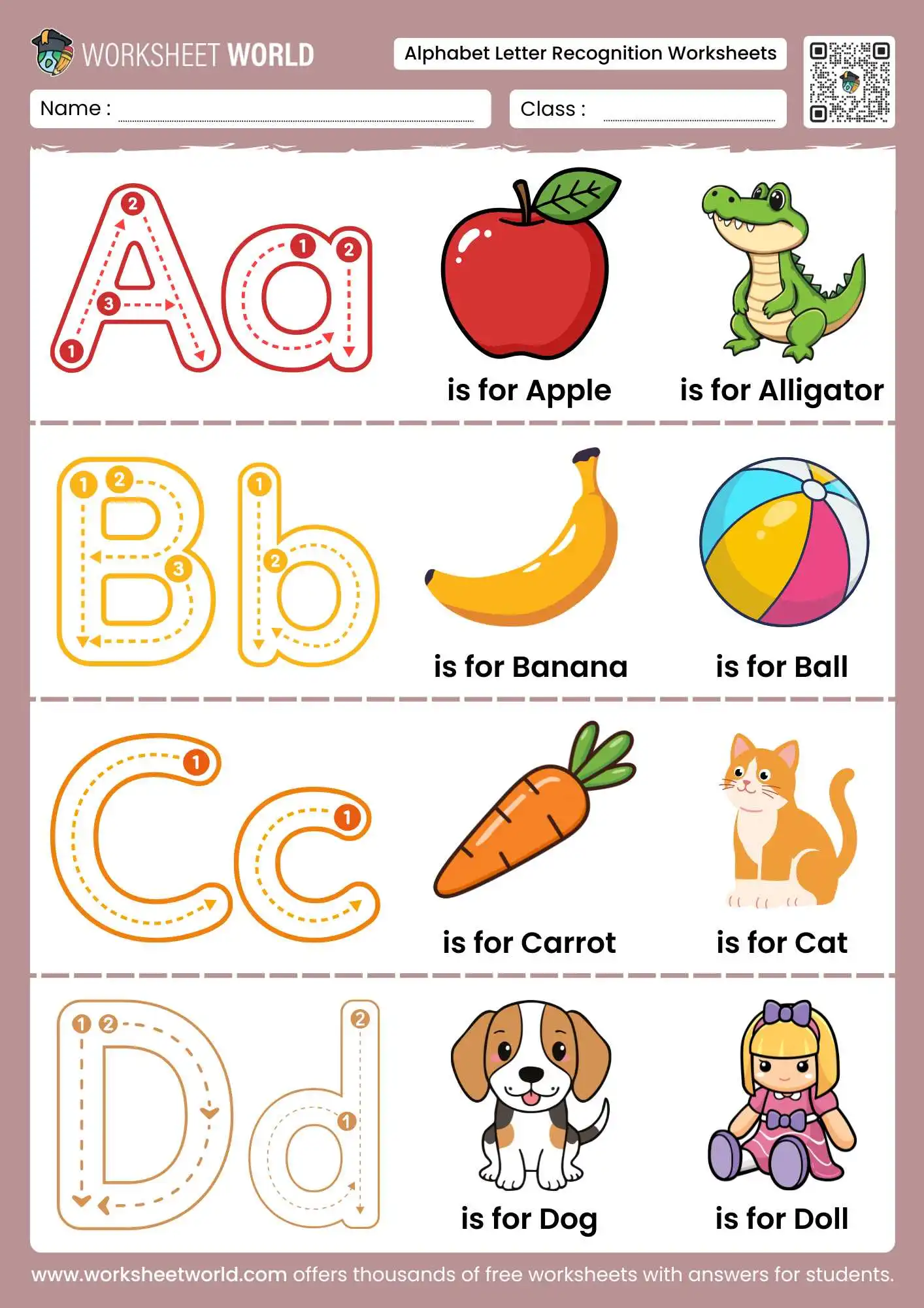 alphabet-letter-recognition-worksheets-page-1 alphabet letter recognition worksheets featuring Aa to Dd with apple alligator banana and ball