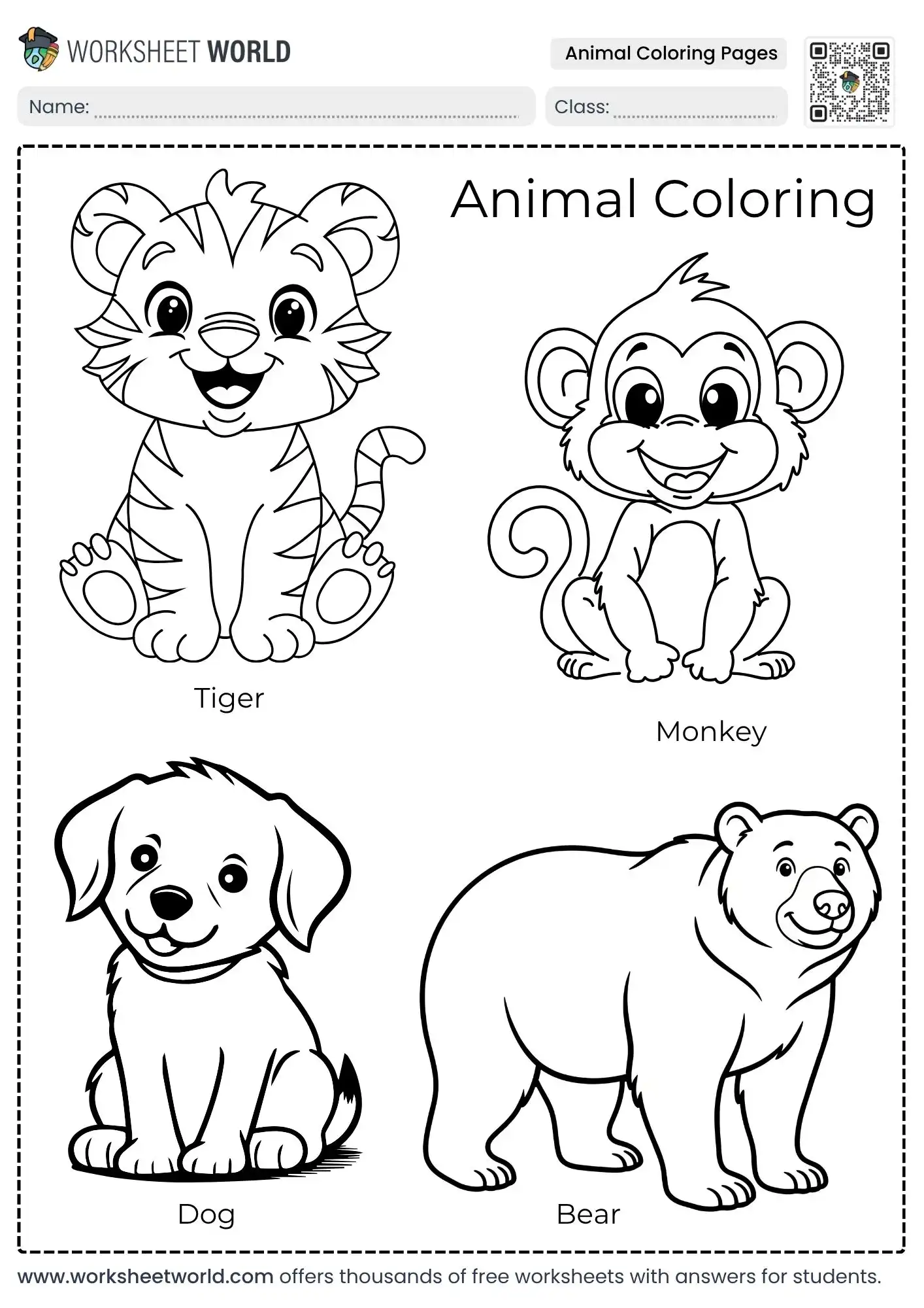 free printable animal coloring pages featuring a tiger monkey dog and bear