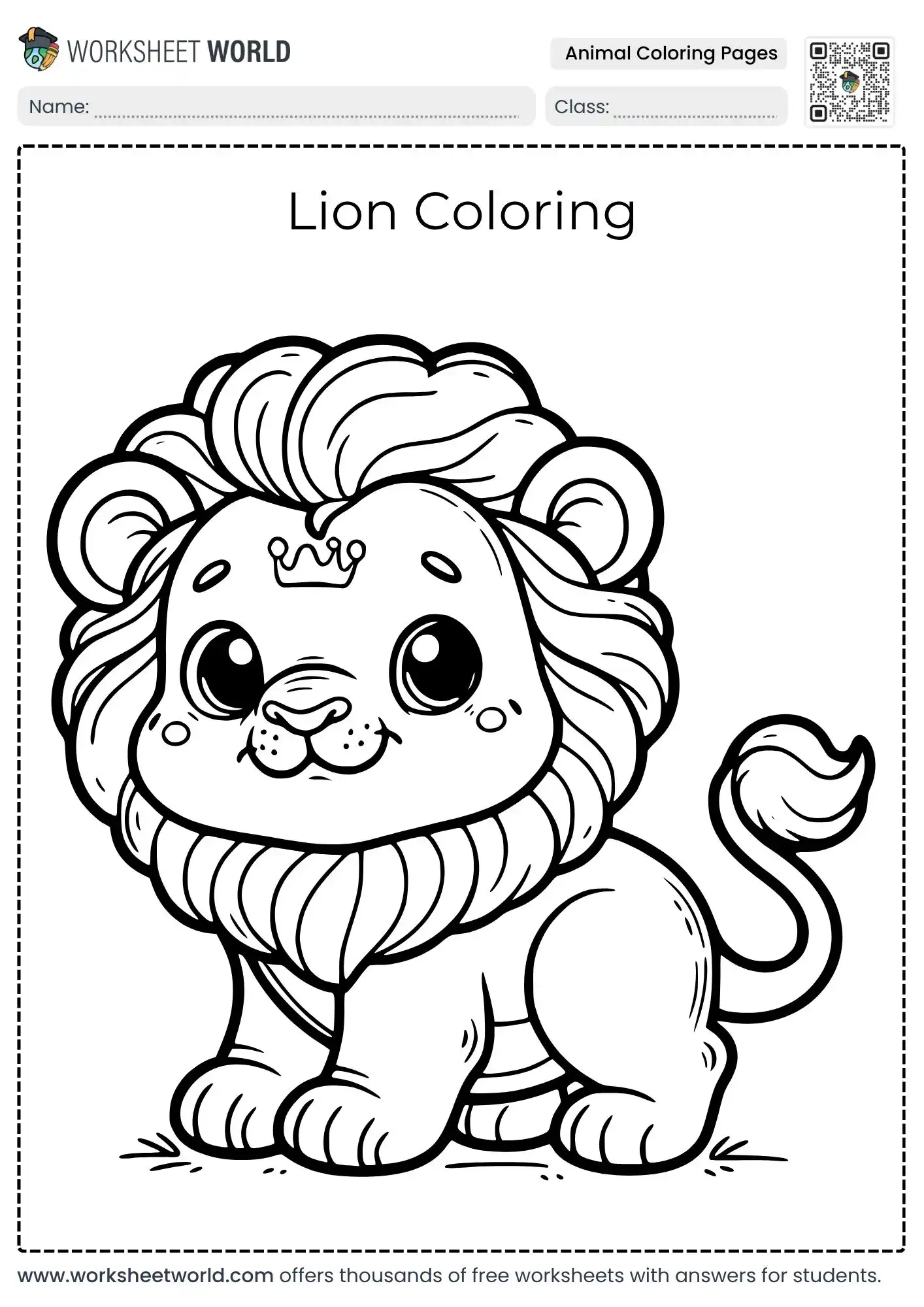 educational animal coloring pages displaying a cute lion with a tiny crown