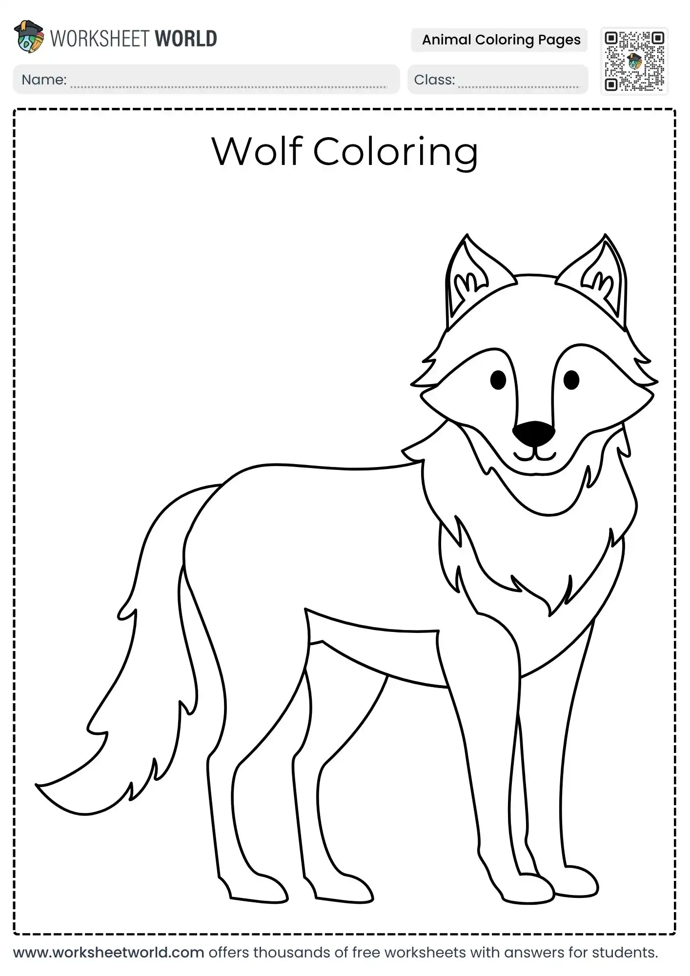 wild animal coloring pages worksheet showing a standing forest wolf