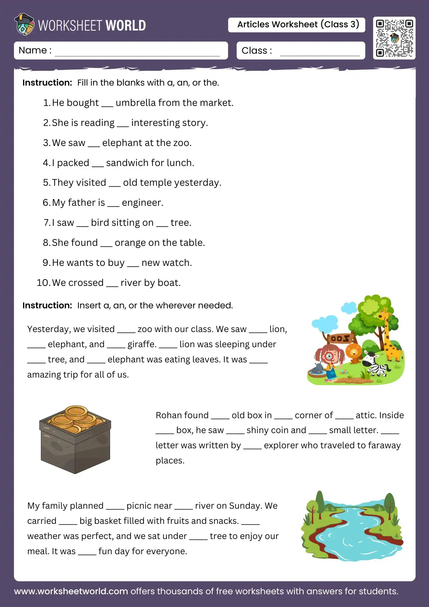 articles worksheet for class 3 grammar practice pdf free