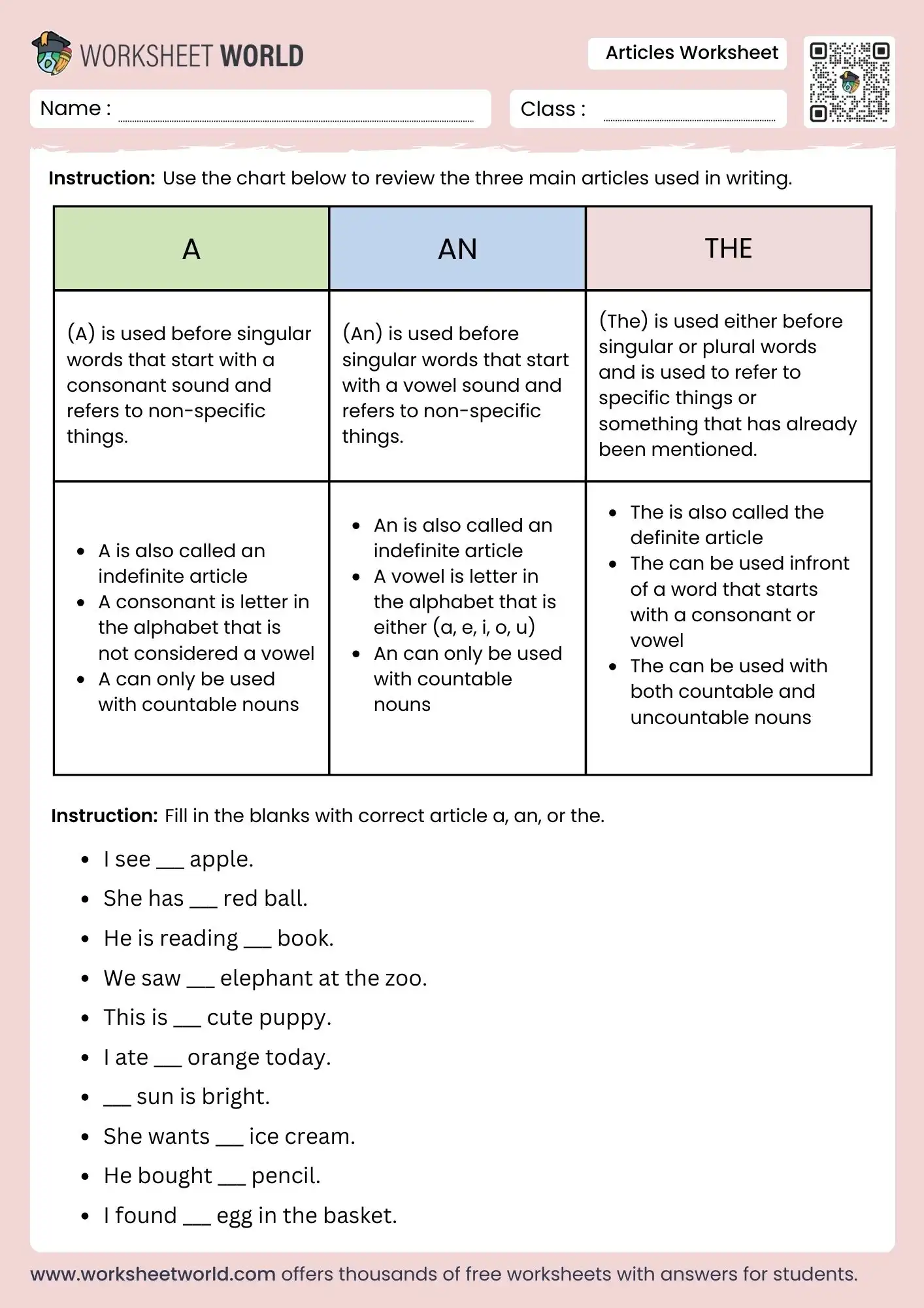 articles-worksheet articles worksheet grammar practice for kids grade 1 to 5