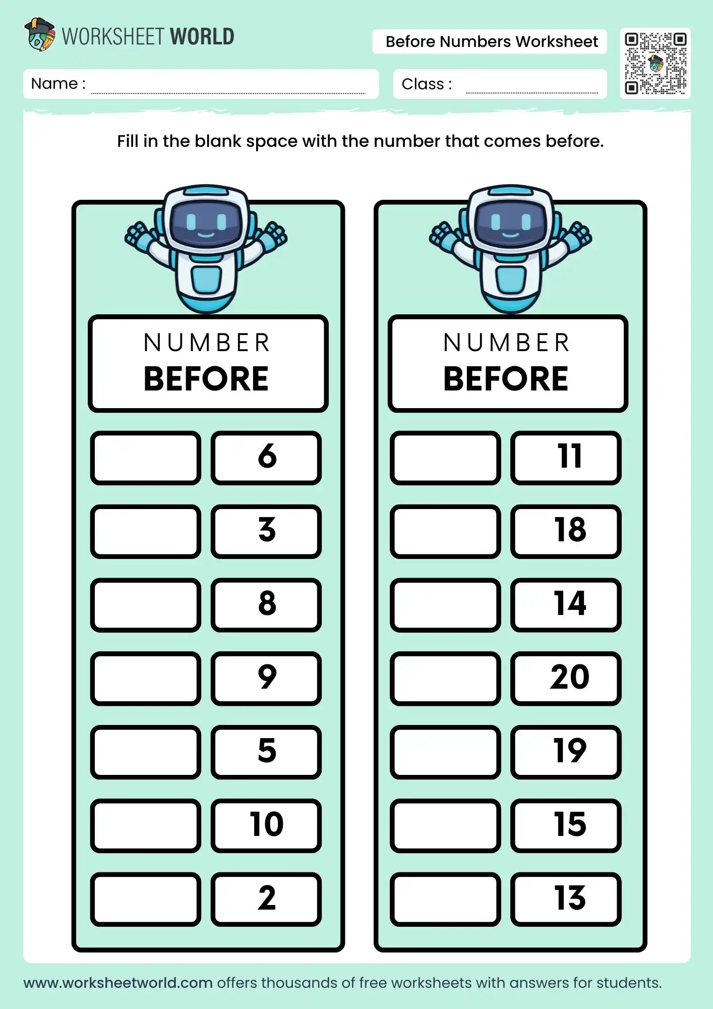 free printable before numbers worksheet 1 to 20 pdf for kids