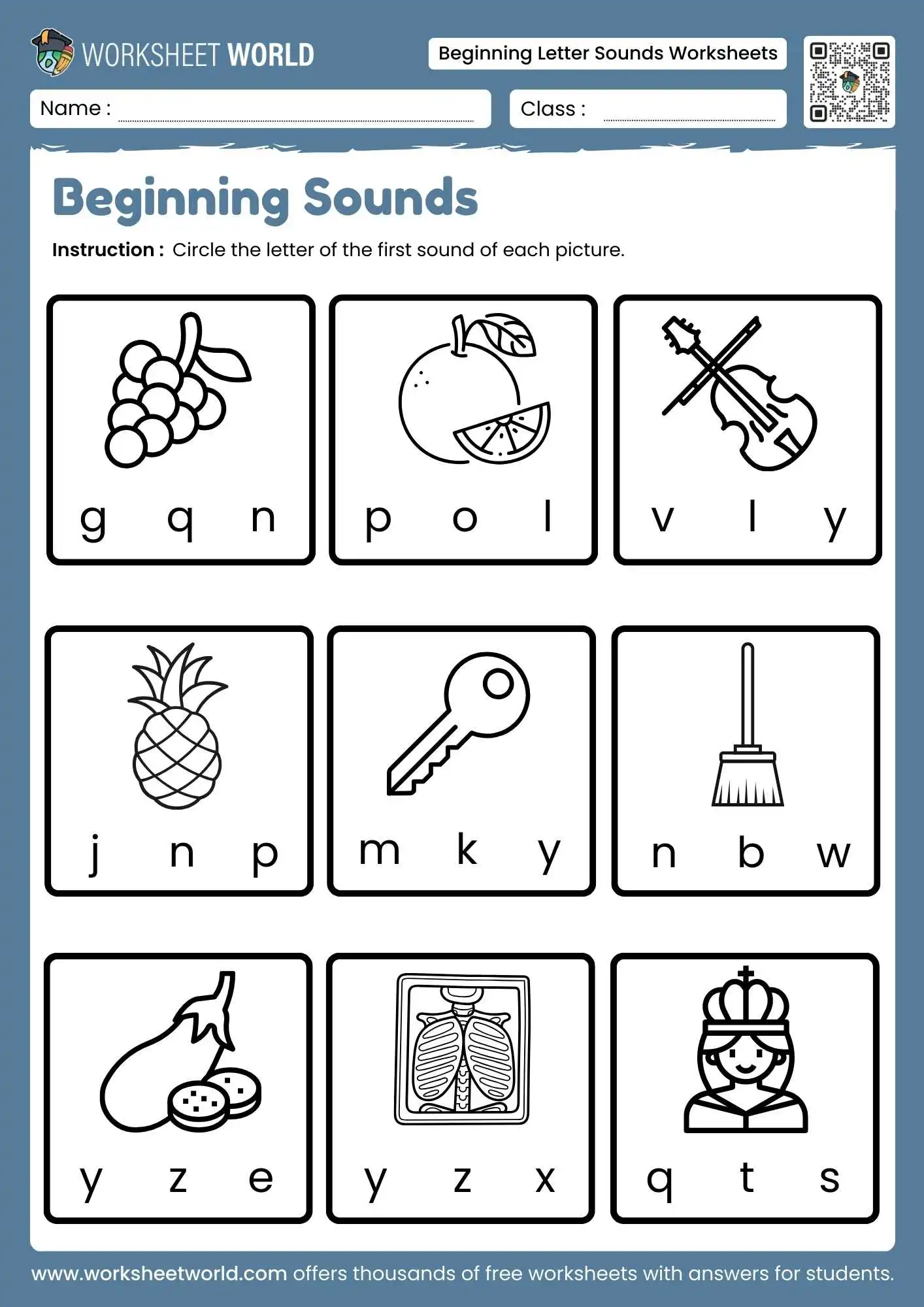 beginning sounds worksheets featuring a circle the first sound activity with grapes orange and violin