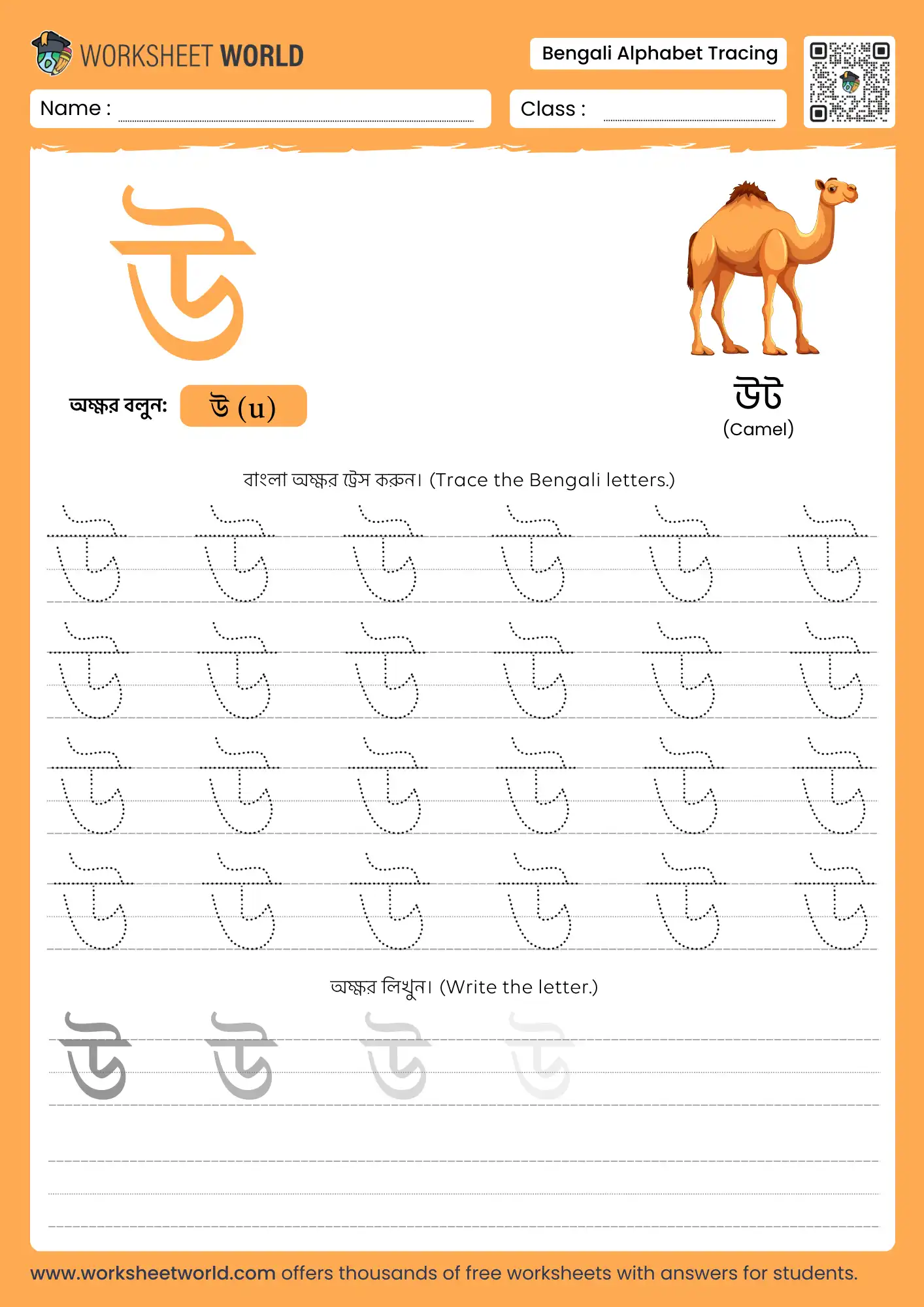bengali-alphabet-tracing-worksheet-letter-u letter u bengali alphabet tracing worksheet with camel picture for kids learning