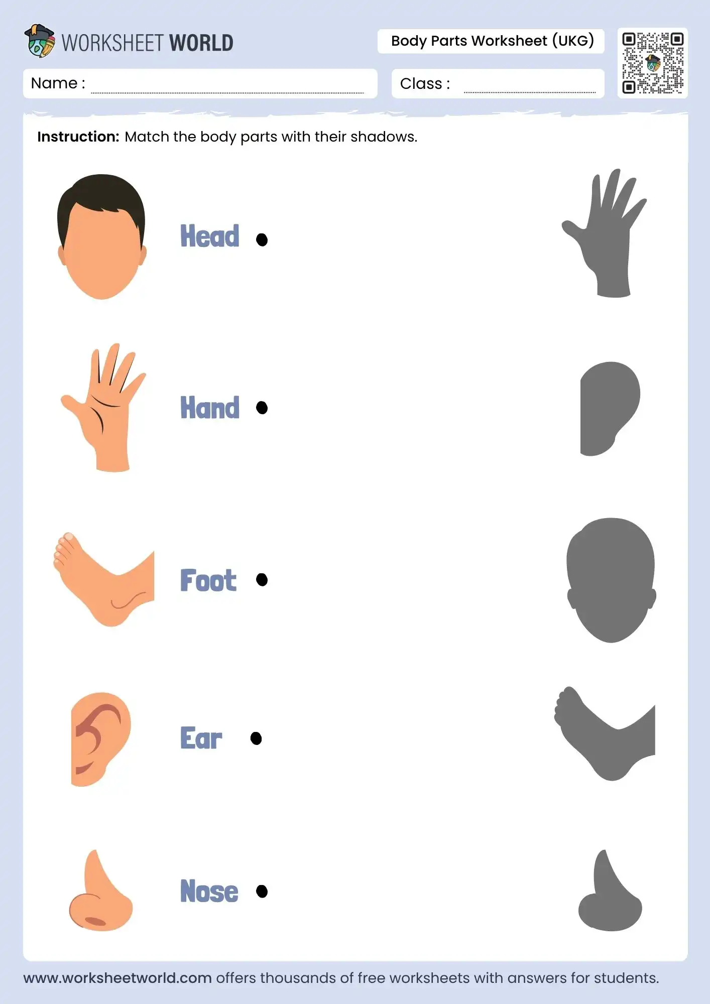 body parts worksheet for ukg shadow matching activity printable