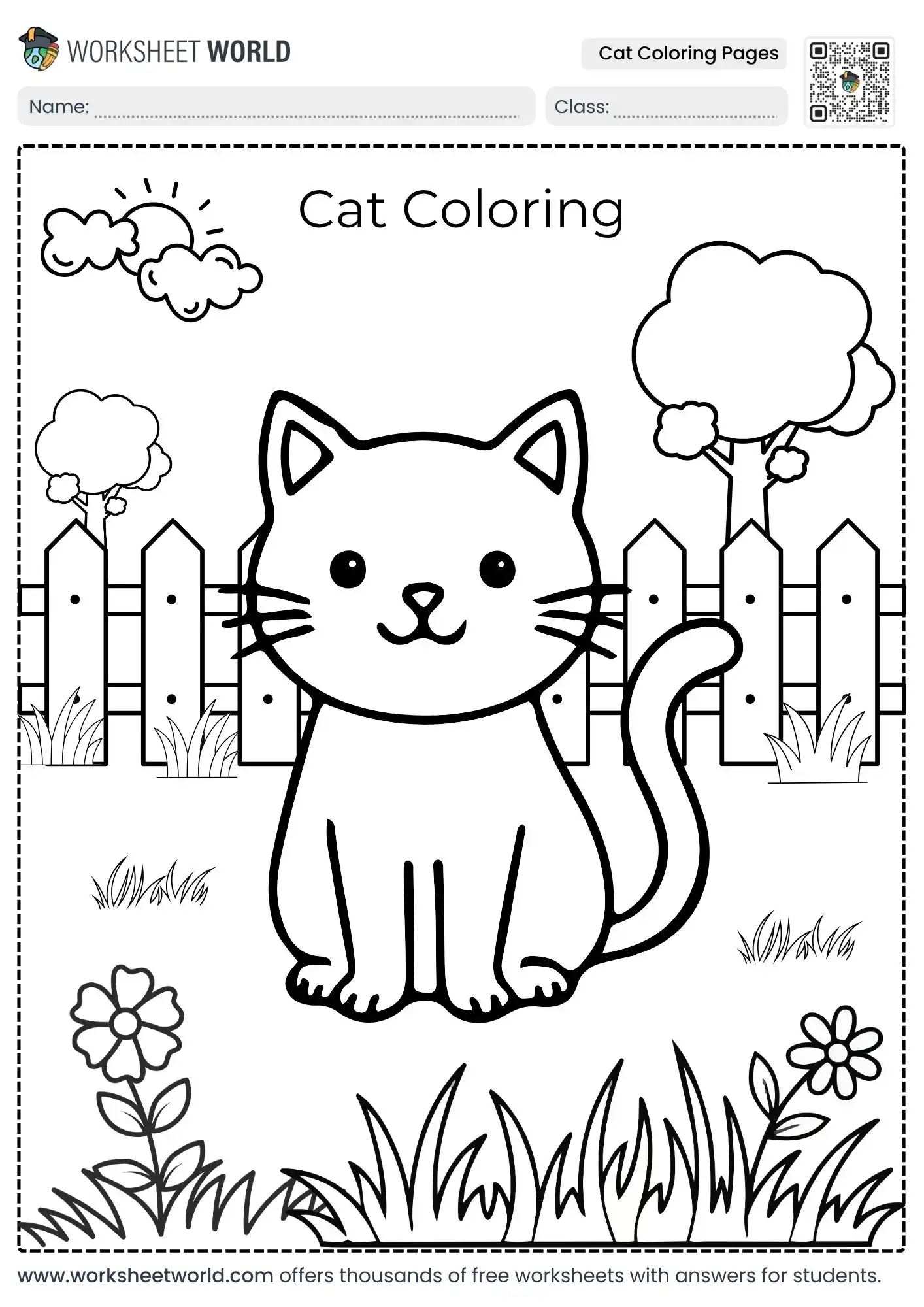 free printable cat coloring worksheets showing a smiling kitten sitting in a grassy backyard garden