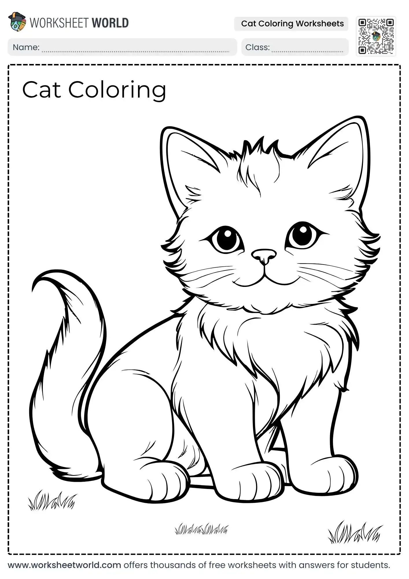 free printable cat coloring worksheets displaying a fluffy sitting kitten