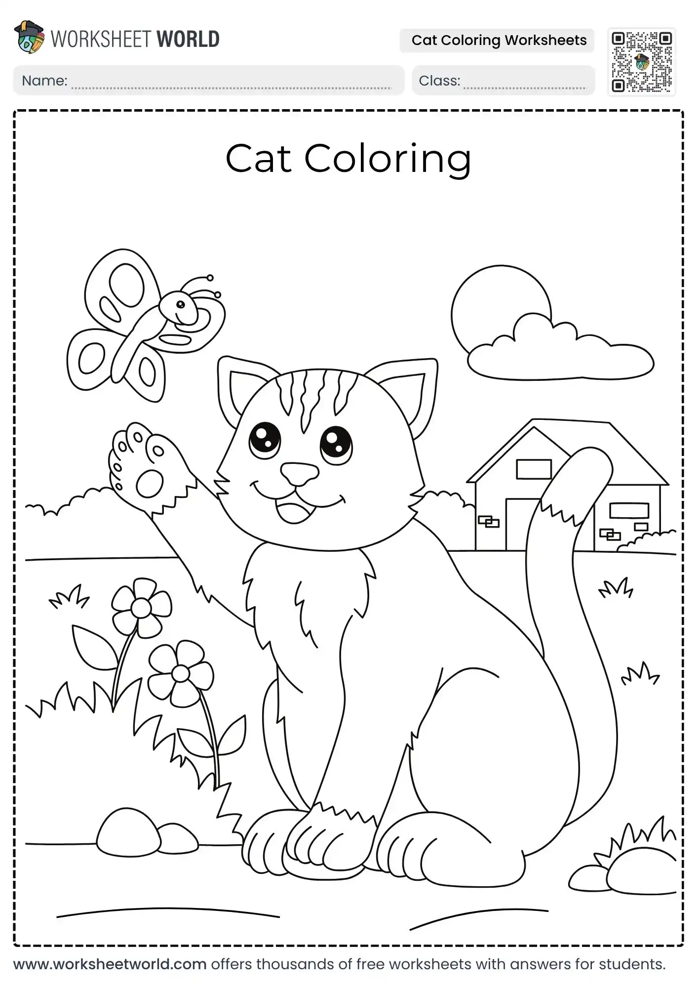 educational cat coloring worksheets featuring a playful cat reaching for a butterfly