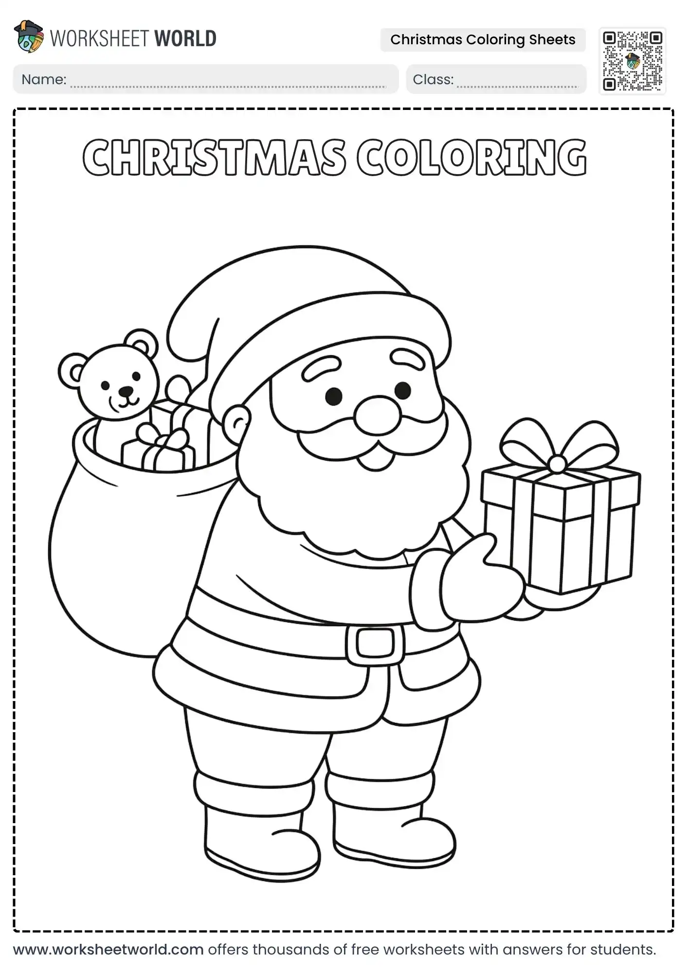 cheerful santa holding a gift box in free christmas coloring sheets