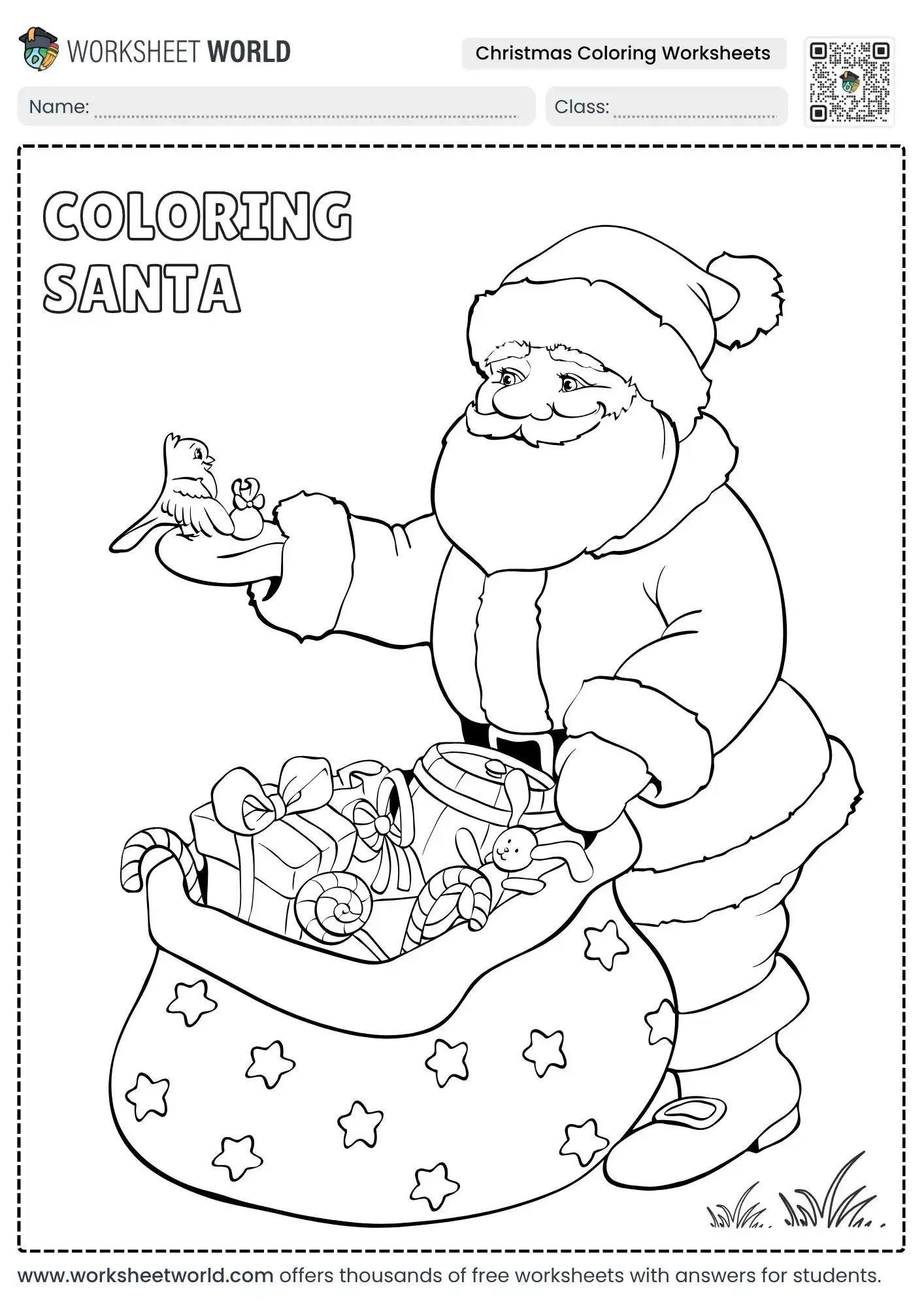 santa claus with a bag of toys christmas coloring worksheets