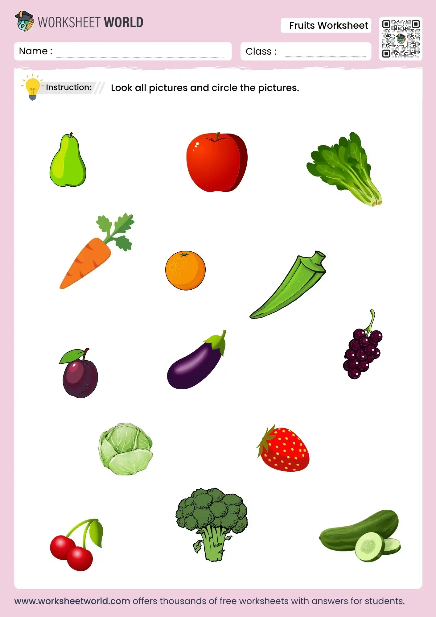 circle the fruits worksheet for nursery and kindergarten activity