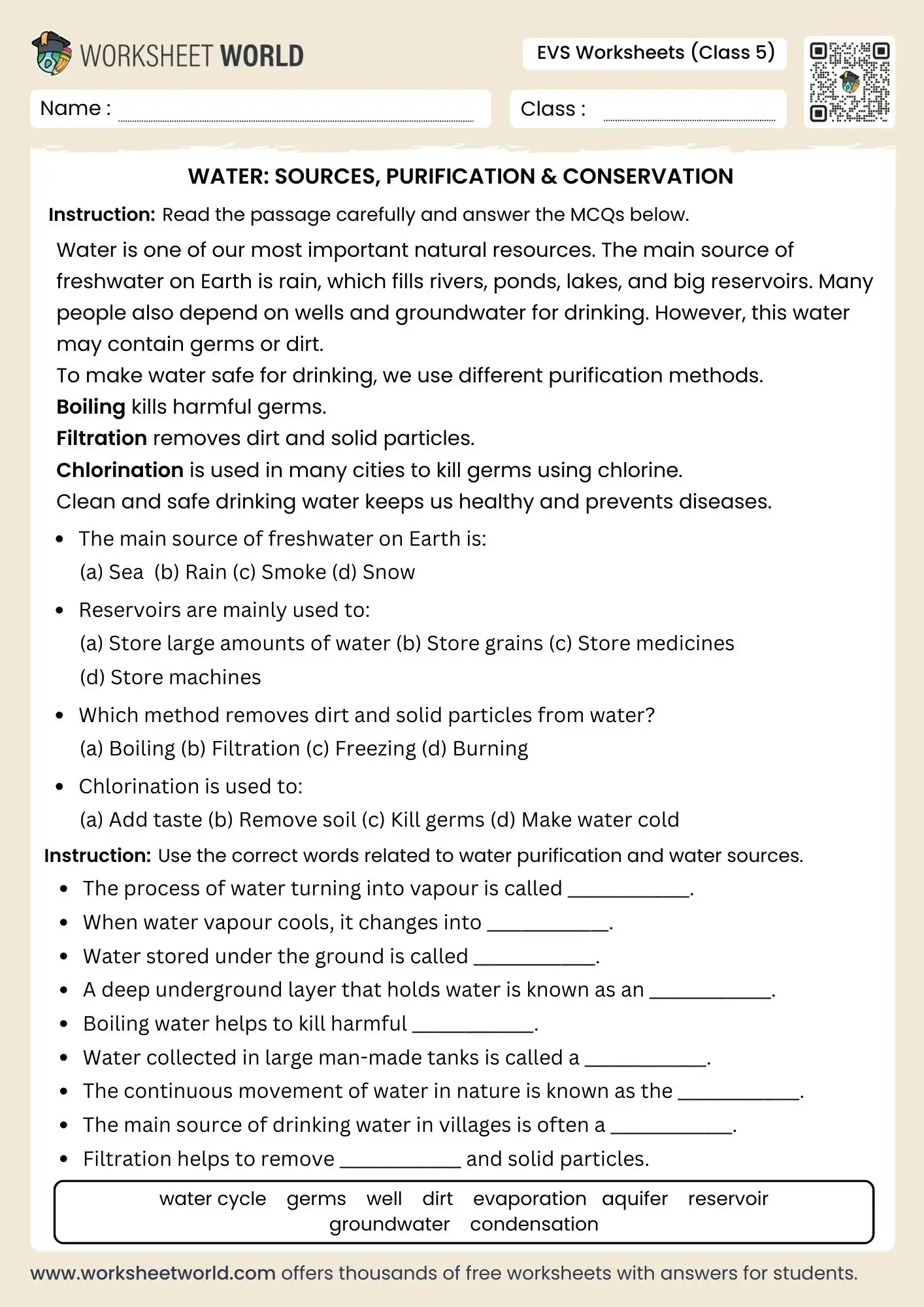 class 5 evs worksheets water sources purification conservation passage mcq activity