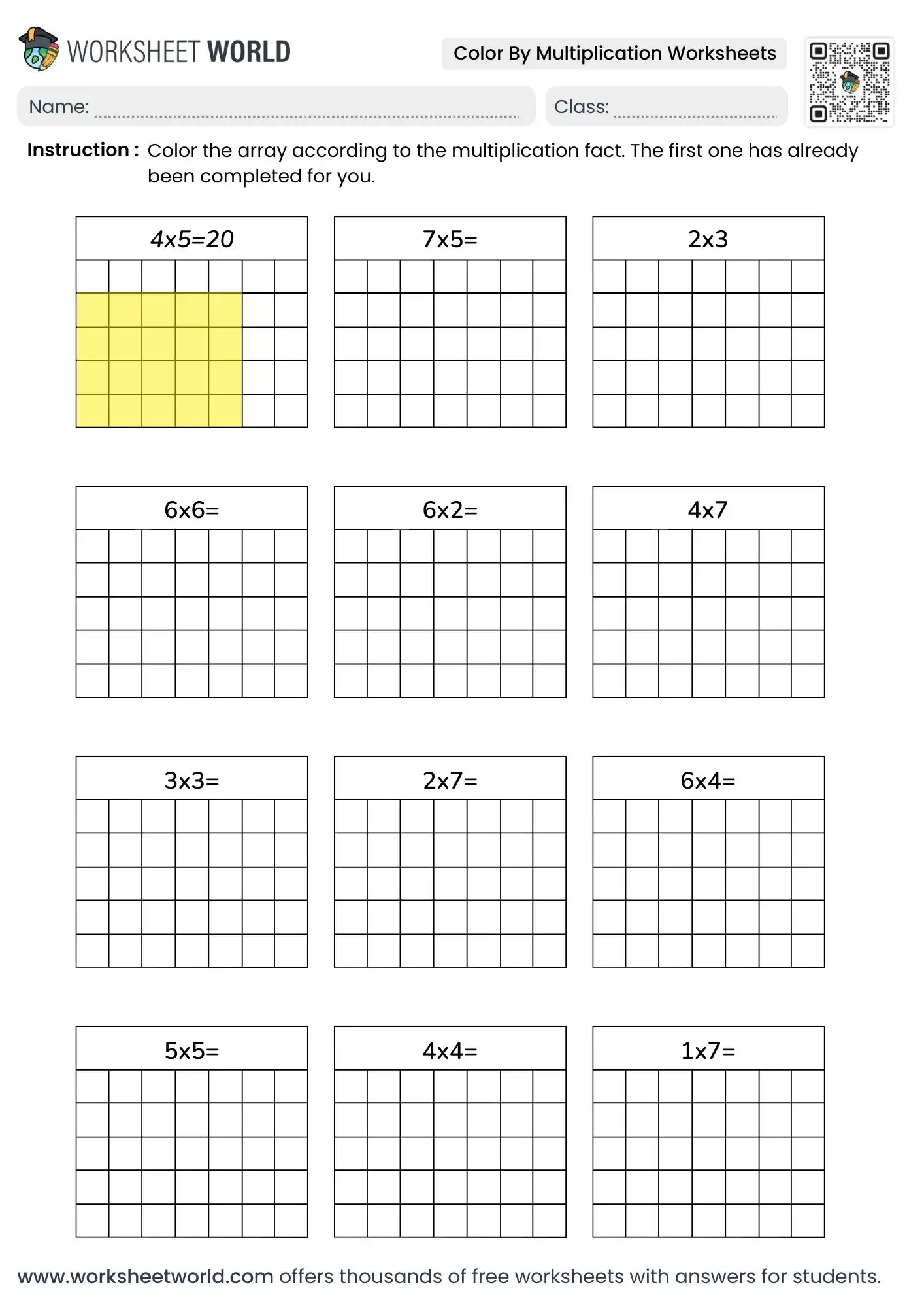 grid array color by multiplication worksheets