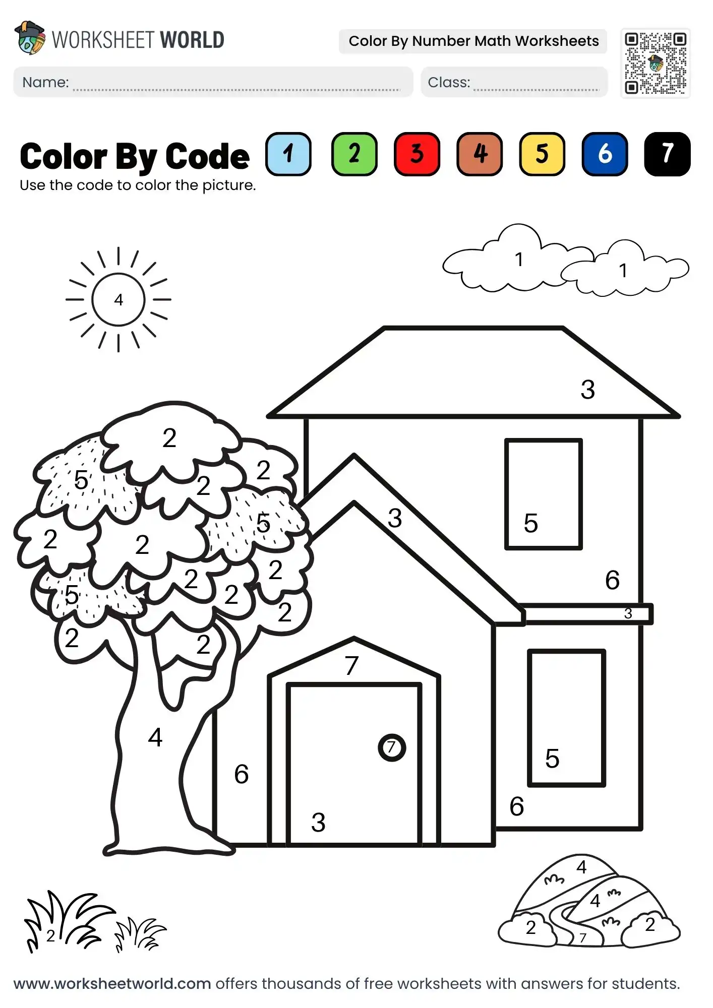 house scene color by number math worksheets