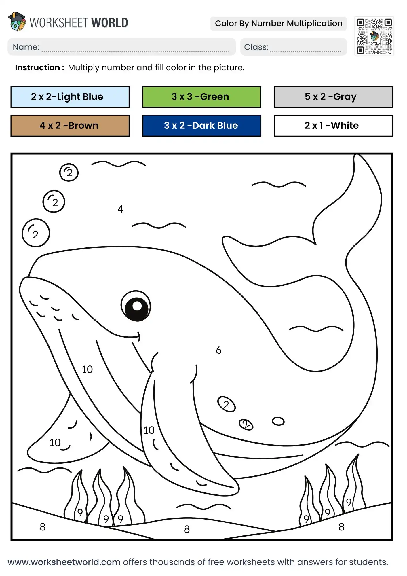 ocean whale color by number multiplication worksheet