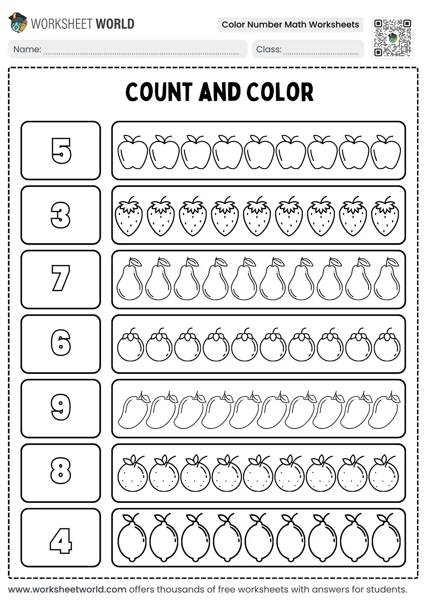 count and color rows of fruit color number math worksheets
