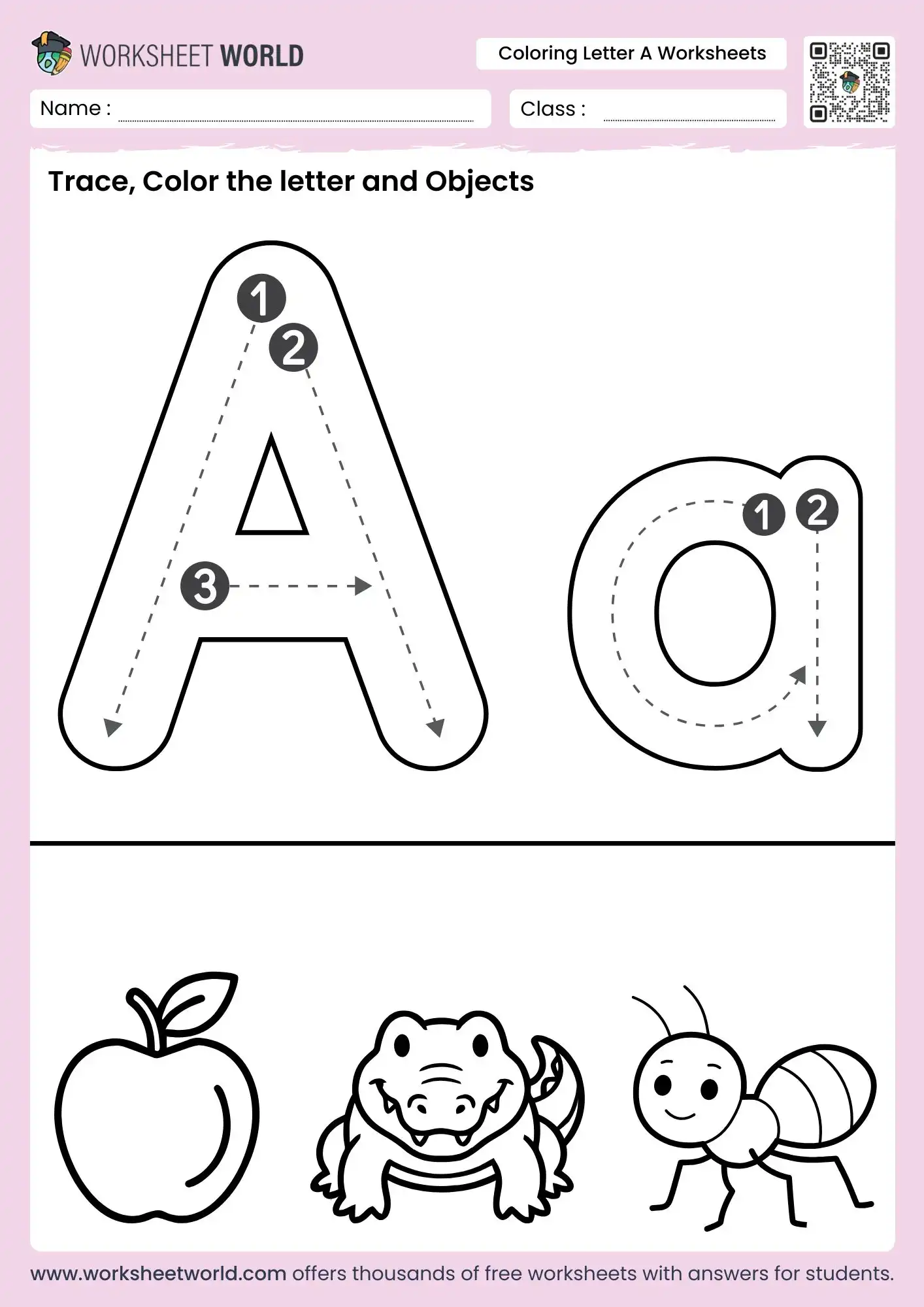 coloring letter a worksheets with apple alligator and ant illustrations
