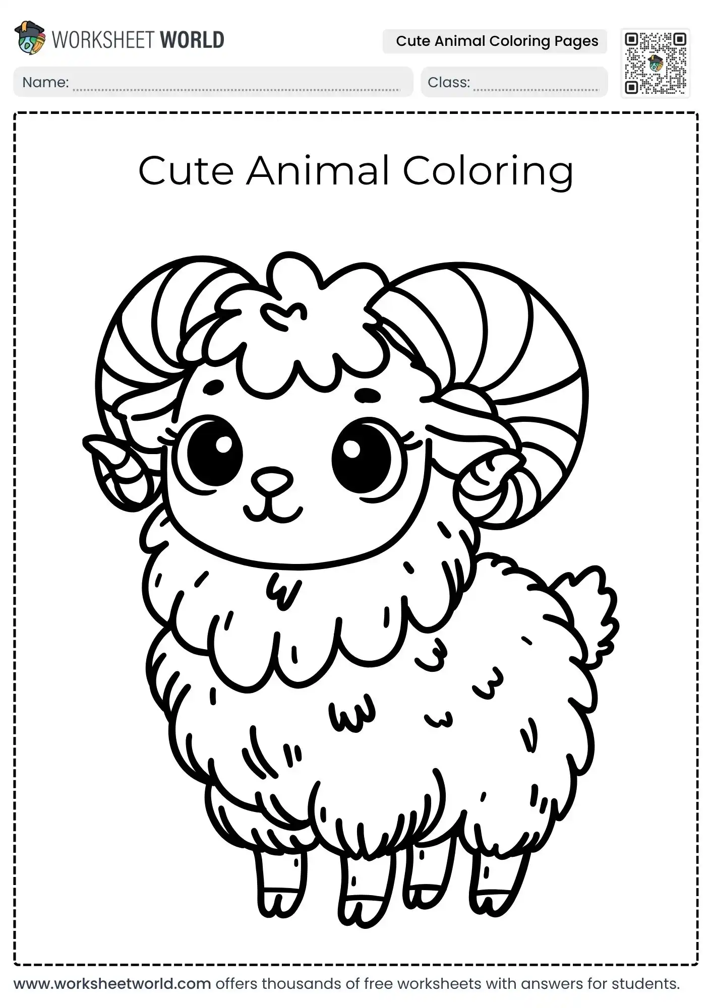 Free Printable Cute Animal Coloring Pages Selection For Preschool and Kindergarten 2 simple cute animal coloring pages containing a fluffy ram with curved horns