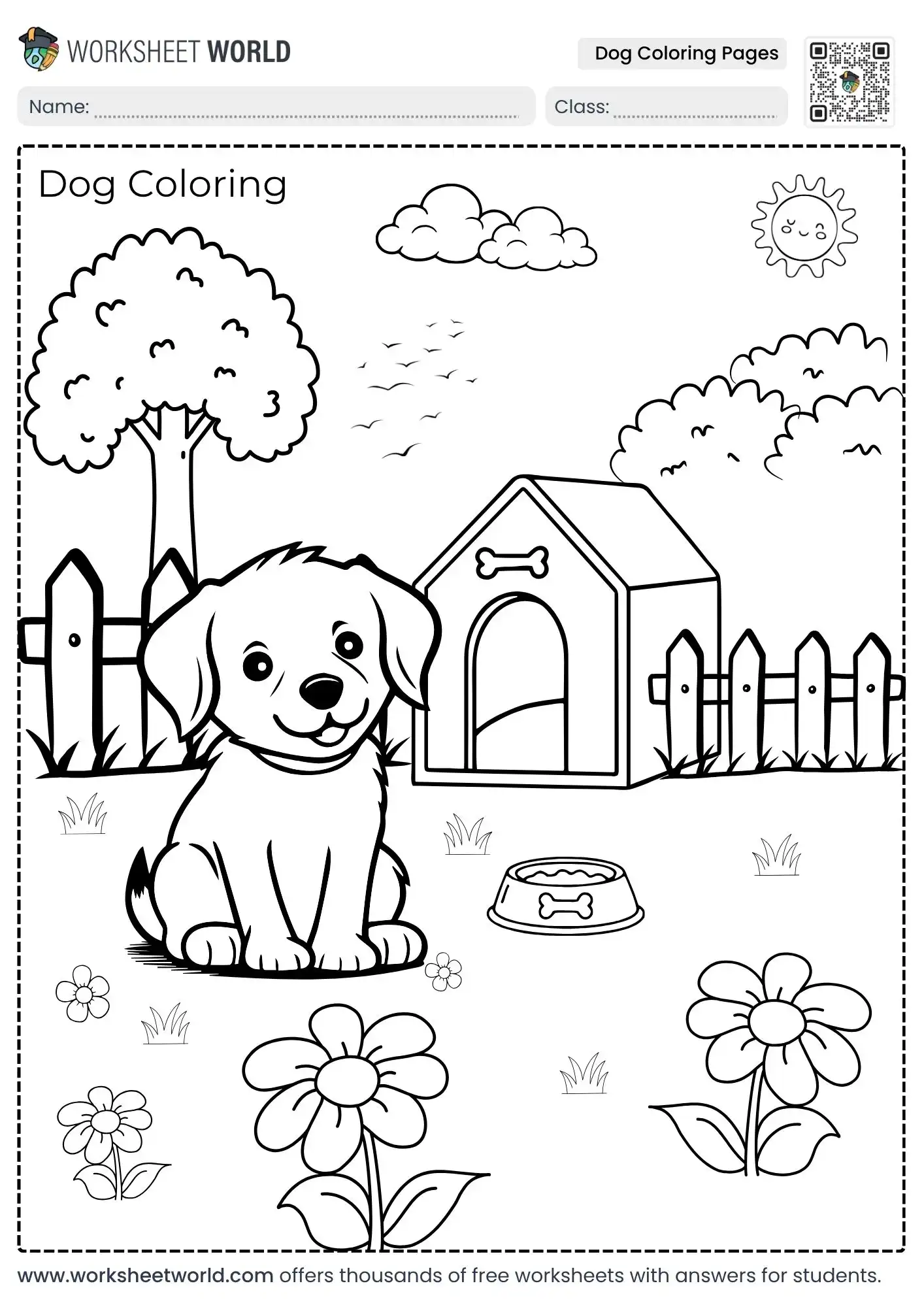 free printable dog coloring pages showing a happy puppy sitting outside its wooden doghouse