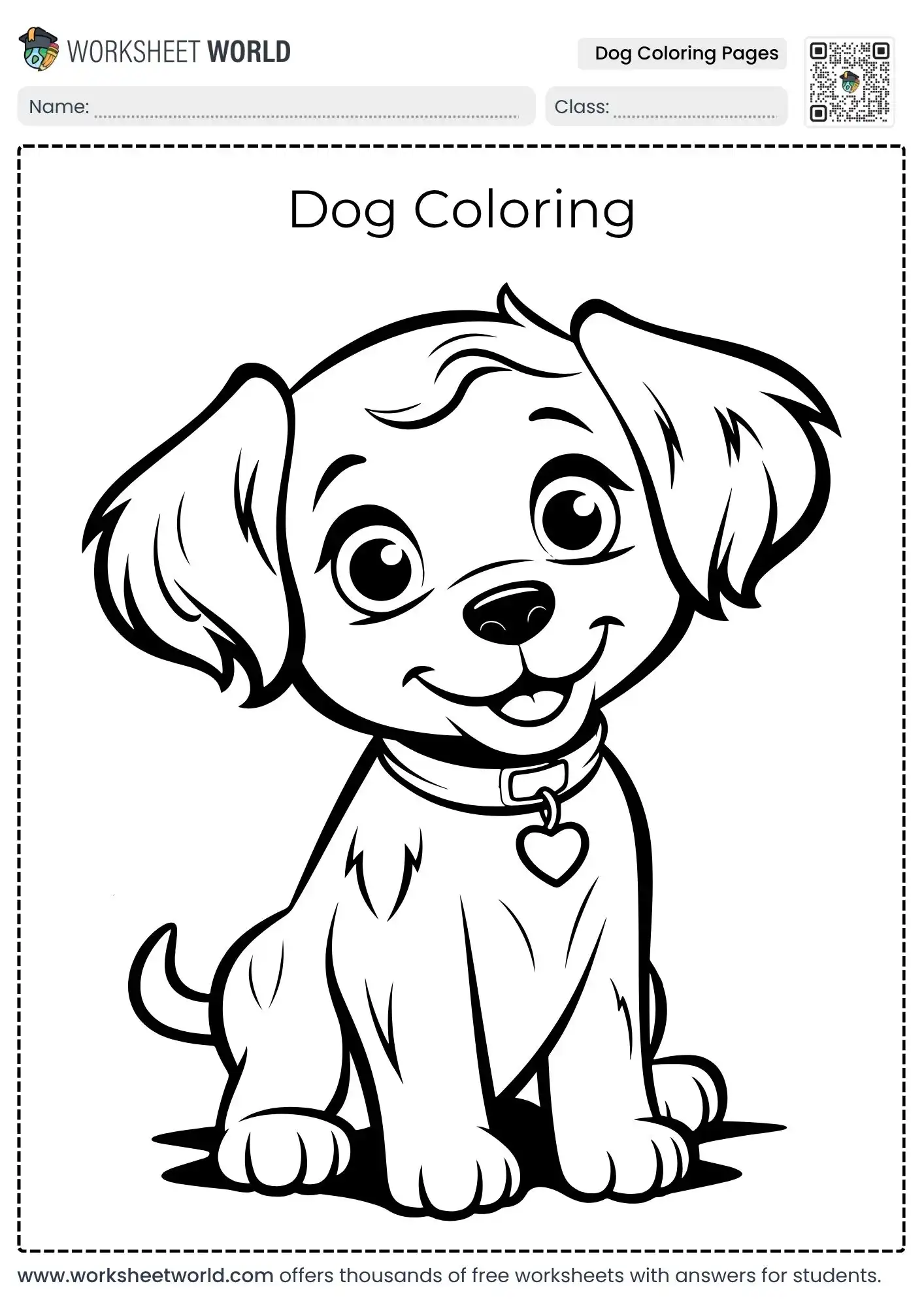 educational dog coloring pages featuring a cute sitting puppy wearing a heart collar