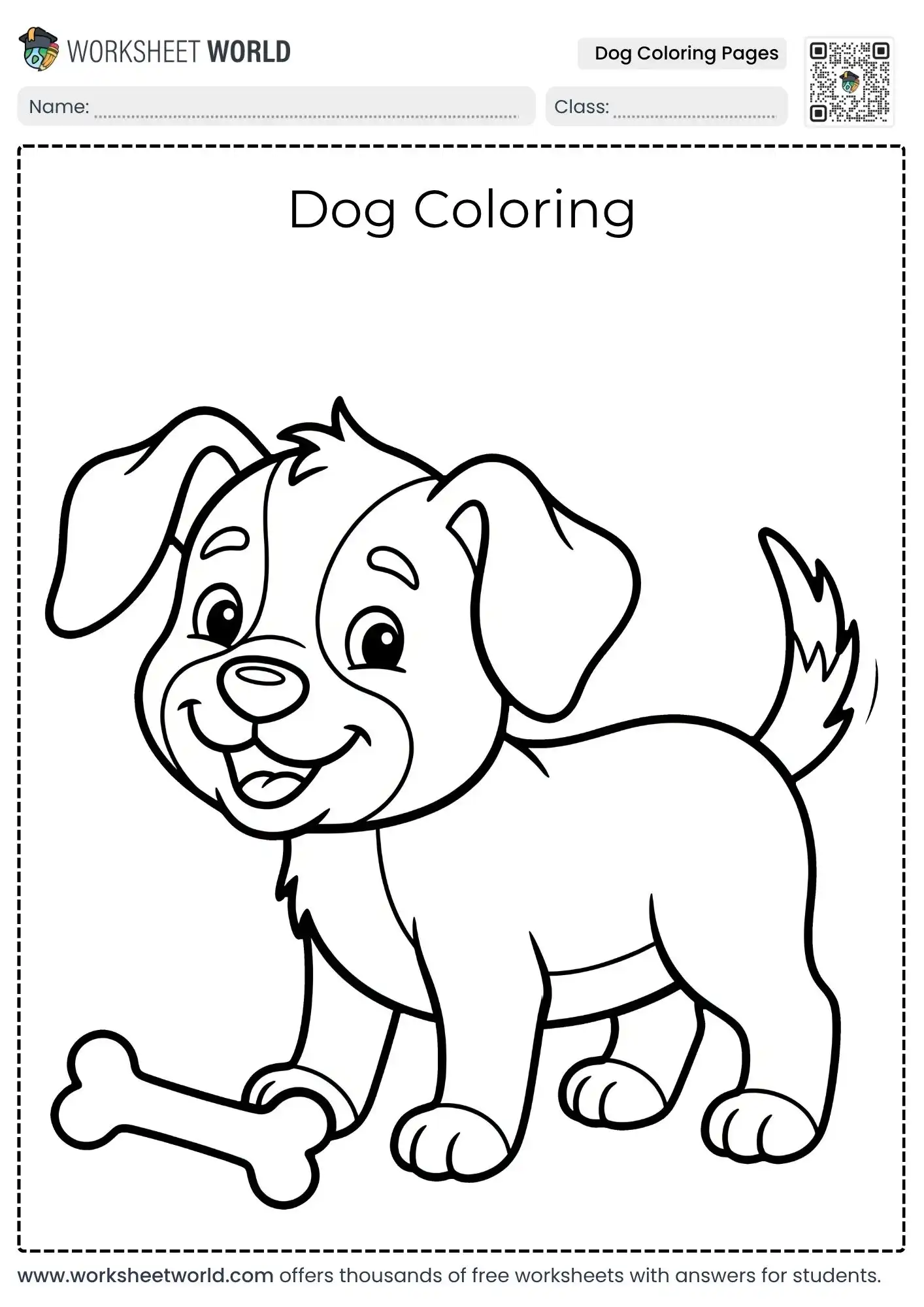 simple dog coloring pages containing a playful standing puppy with a toy bone