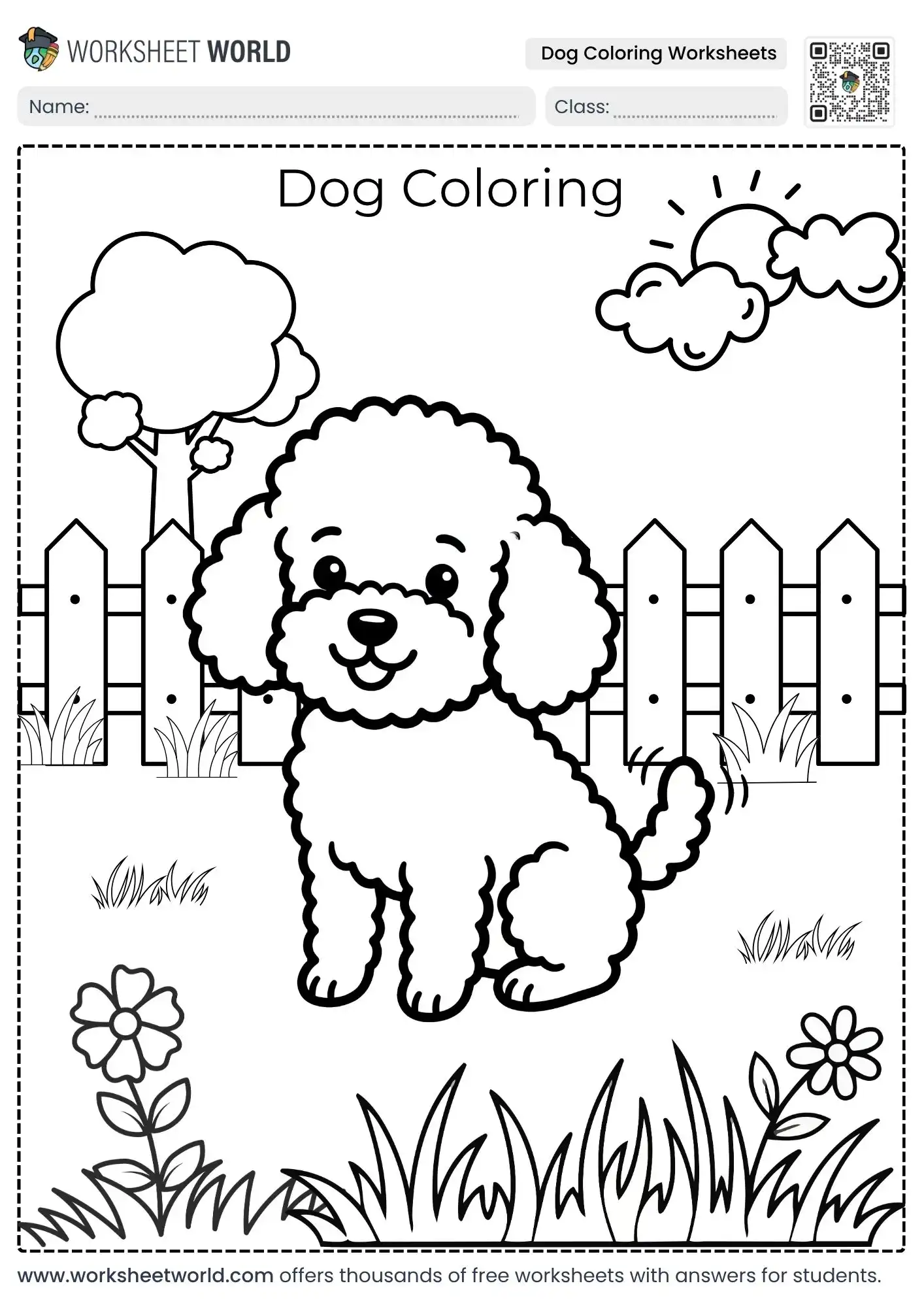 educational dog coloring worksheets featuring a fluffy poodle sitting in a backyard