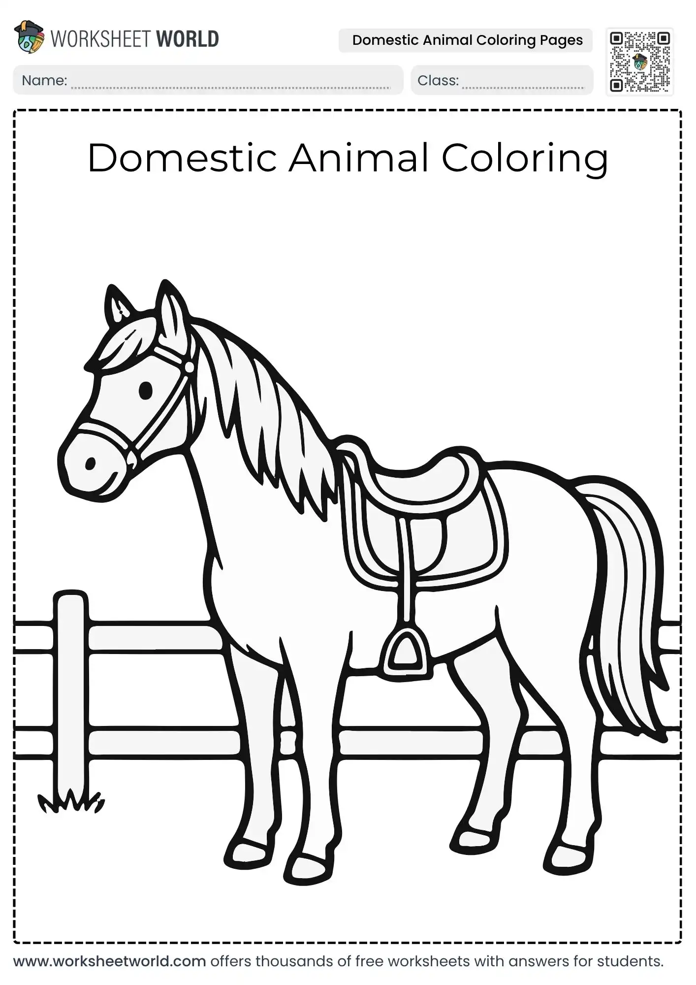 simple domestic animal coloring pages containing a saddled horse near a fence