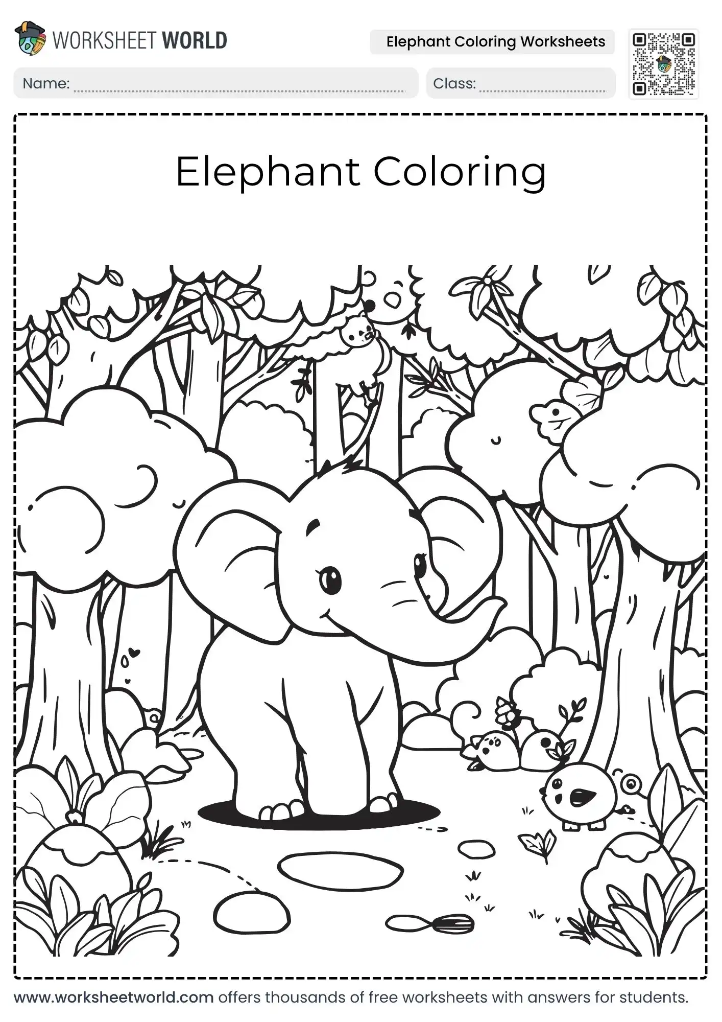 Elephant Coloring Worksheets Pack For Preschool Wildlife Art Lessons 2 simple elephant coloring worksheets featuring a smiling calf inside a dense wild jungle