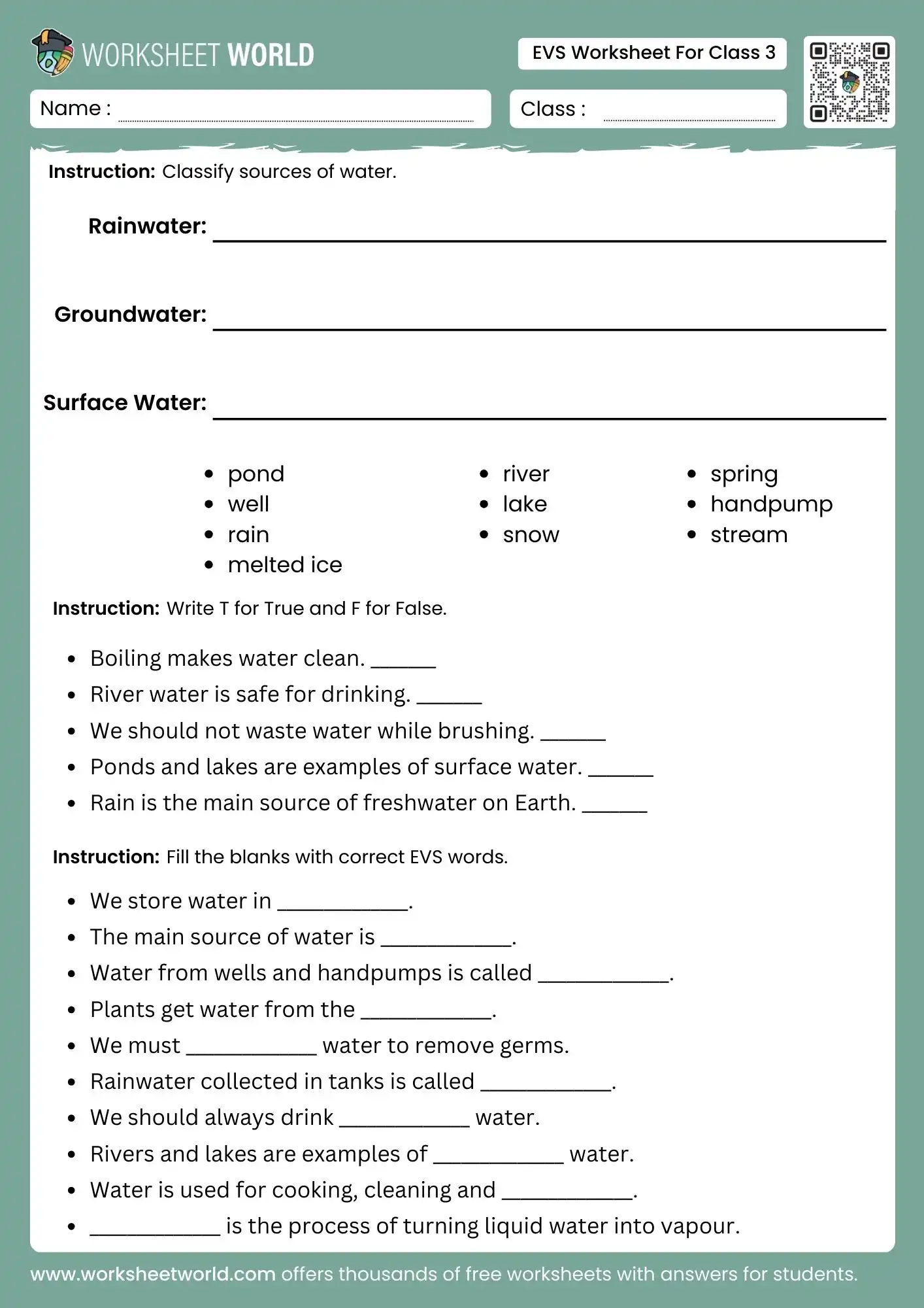 evs worksheet for class 3 water sources true false and fill ups activity