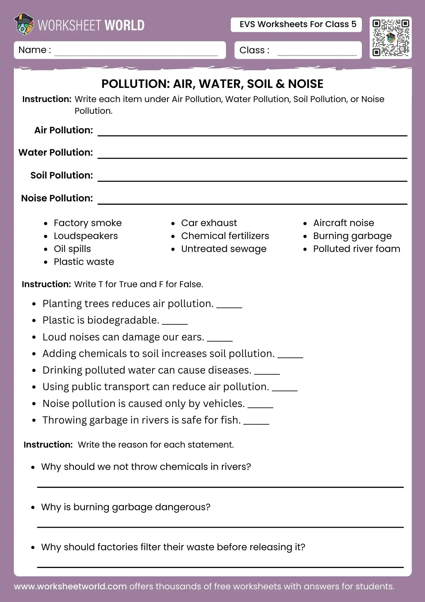 evs worksheets for class 5 pollution activity air water soil noise classification
