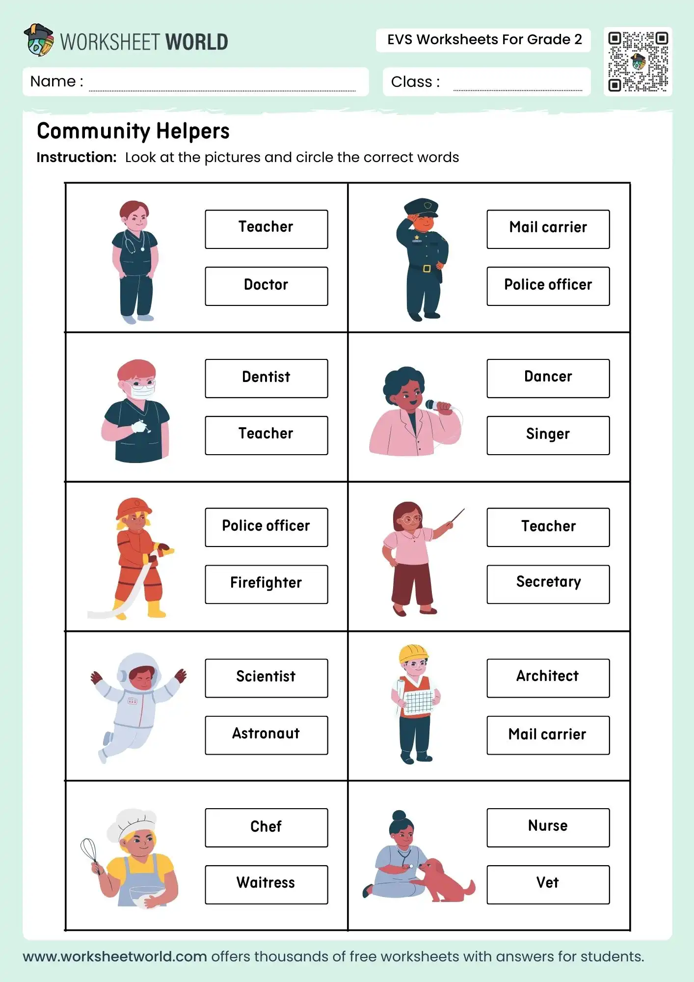 evs worksheets for grade 2 community helpers matching activity for kids