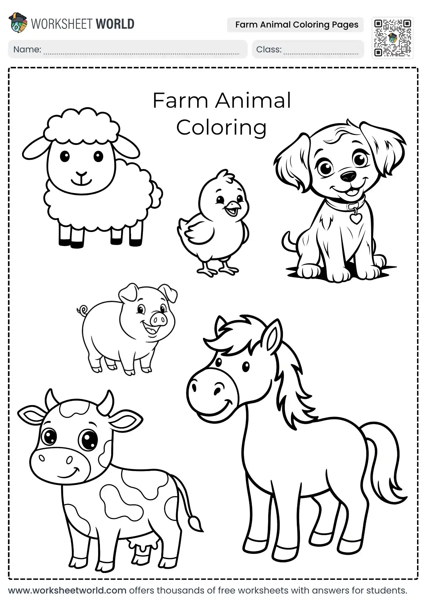 free printable farm animal coloring pages showing six cute young animals