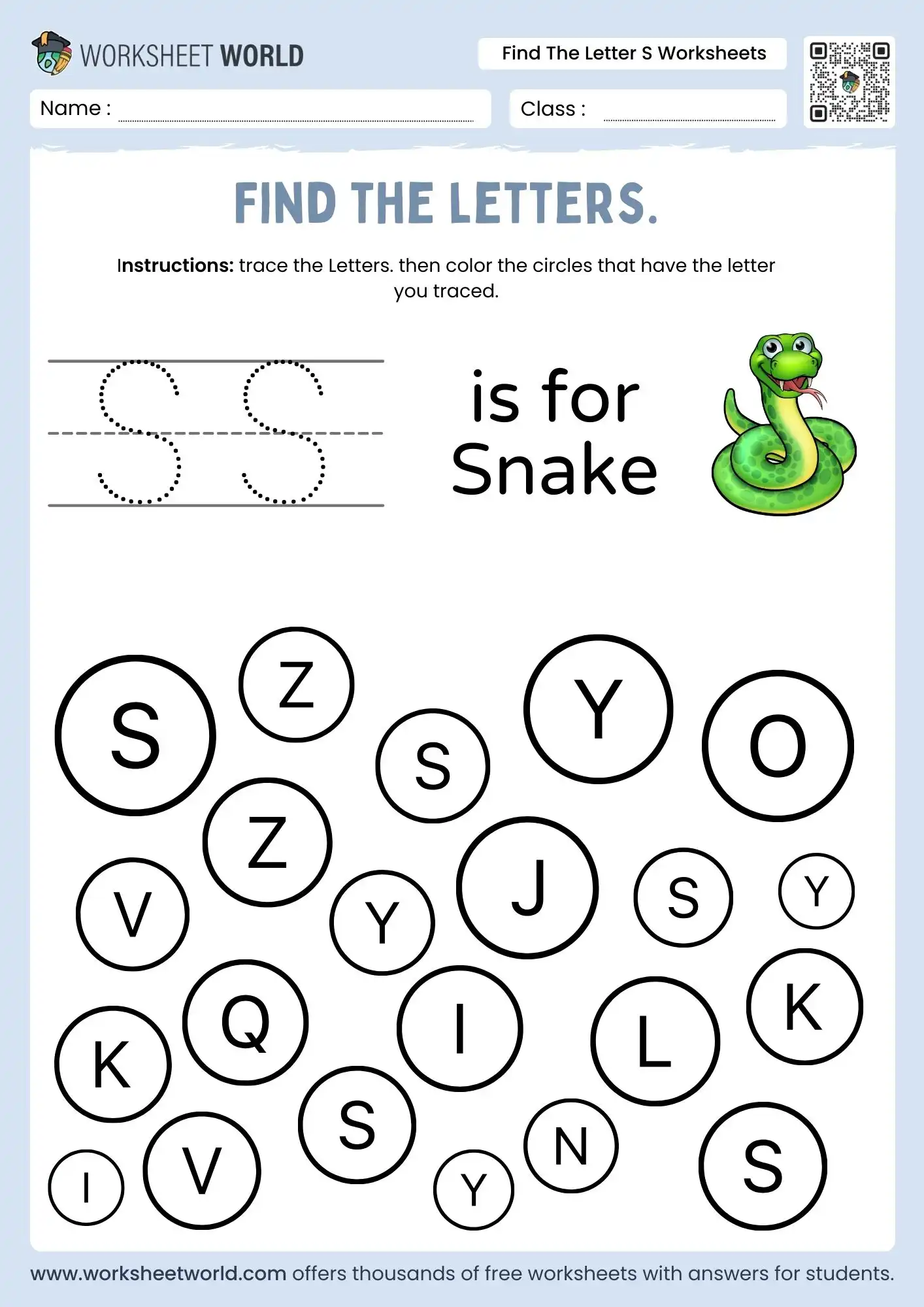 find the letter s worksheets featuring a green snake and a letter identification circle grid