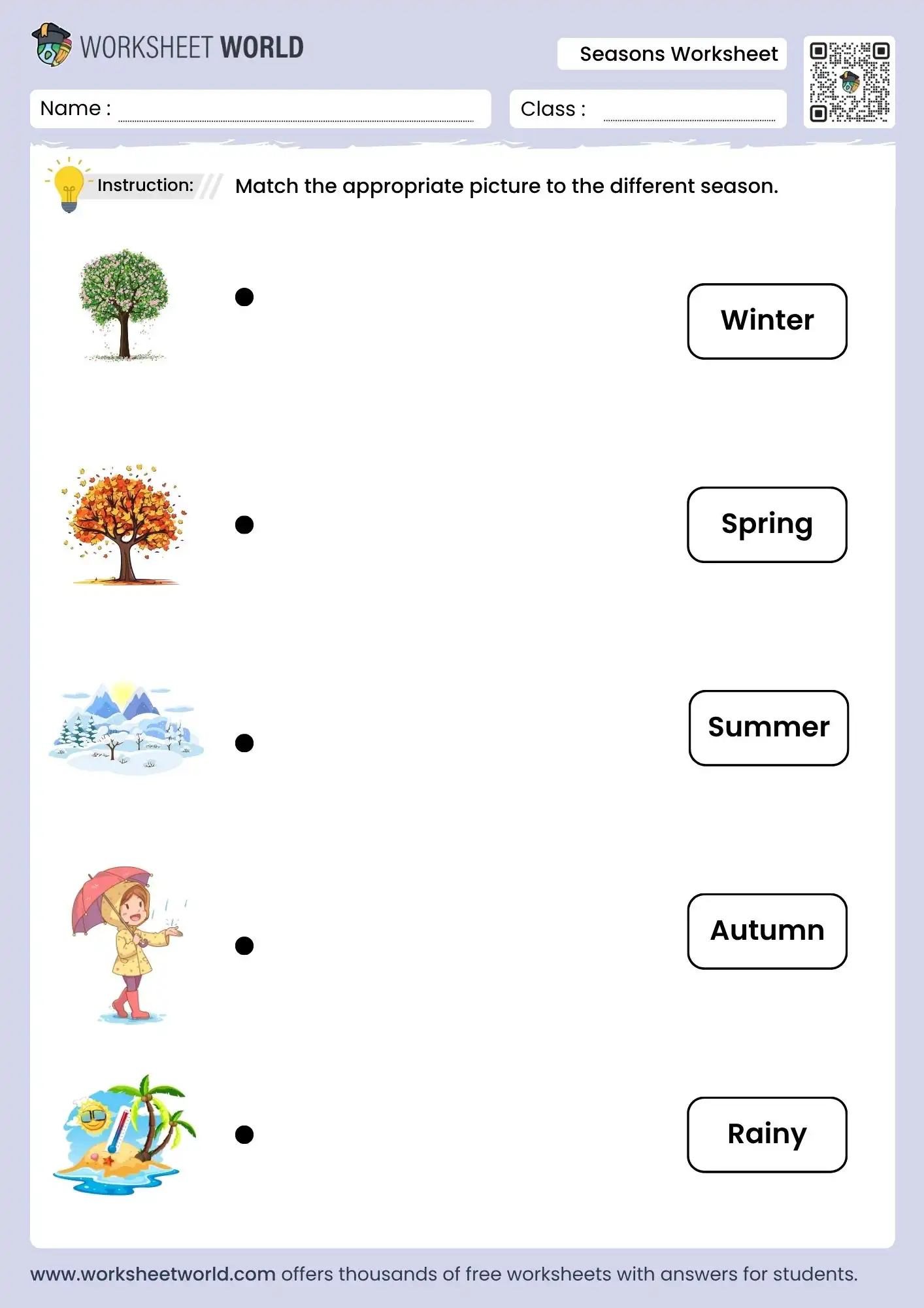 four seasons matching worksheet for preschool and kindergarten free printable pdf