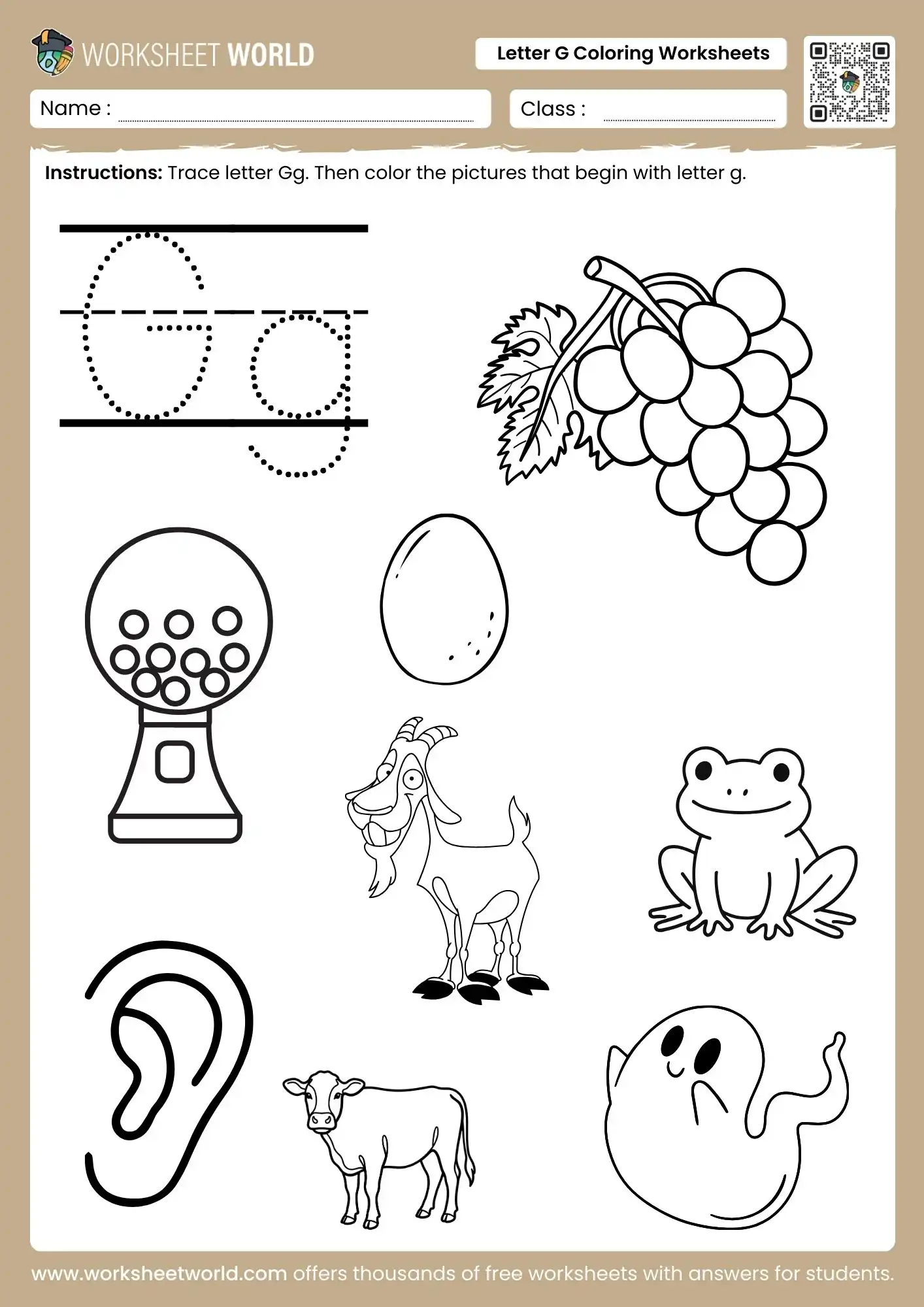 free-letter-g-coloring-worksheets-page-1 letter g coloring worksheets featuring a gumball machine grapes goat and ghost for kids