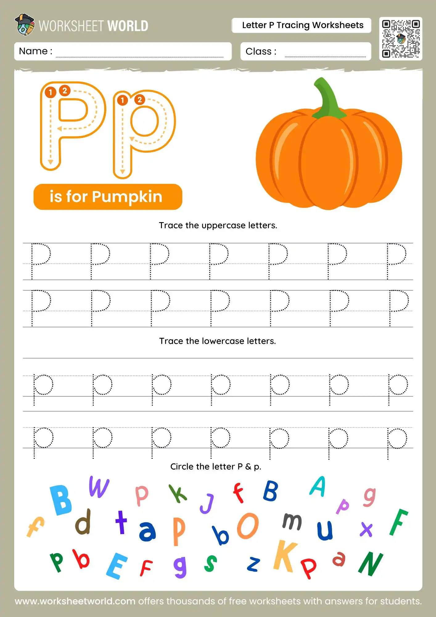 free-letter-p-tracing-worksheets-page-1 letter p tracing worksheets featuring a pumpkin illustration and a colorful letter search game