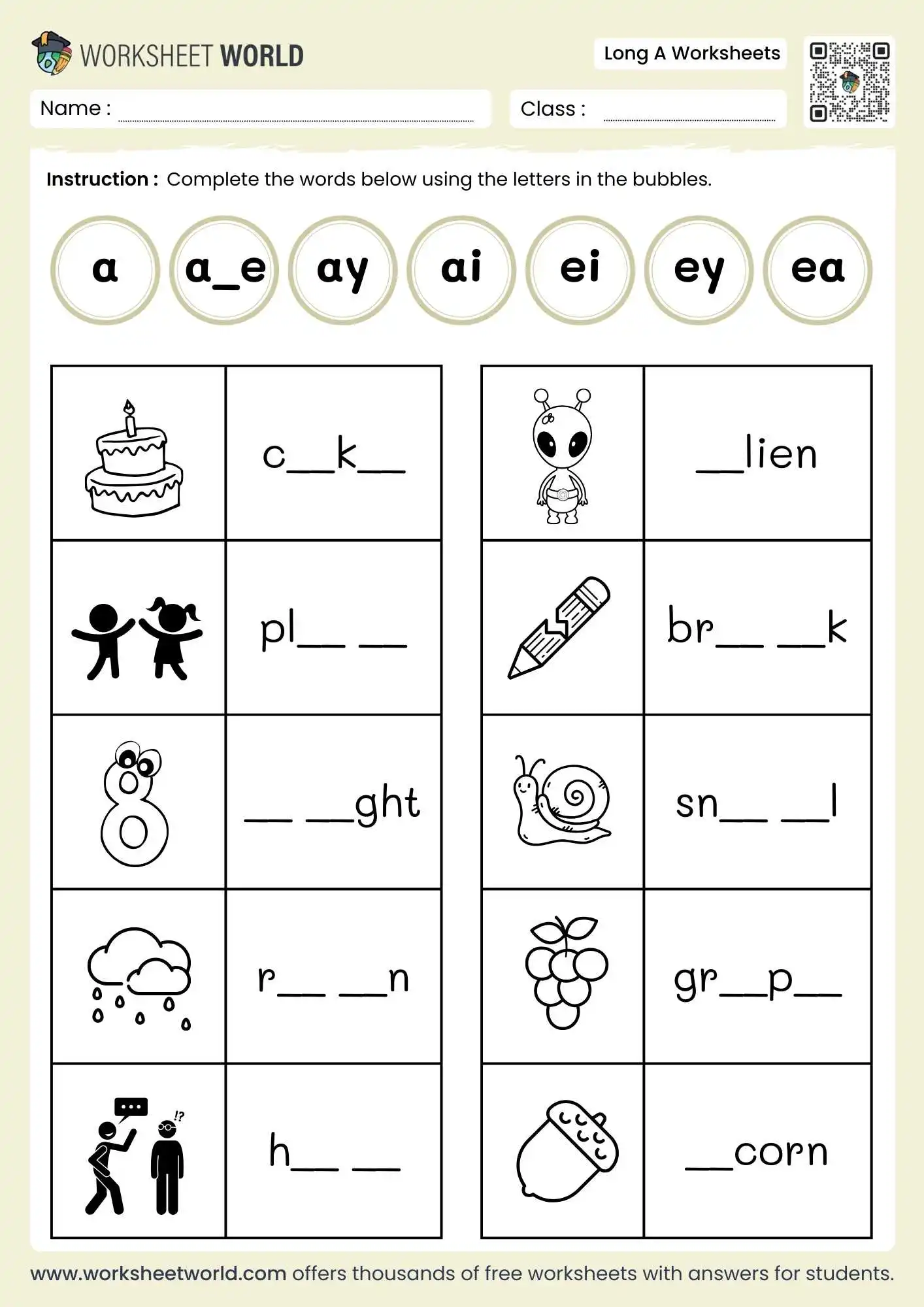 free-long-a-worksheets-page-1 long a worksheets featuring ai and ay vowel team completion with train rain and pray