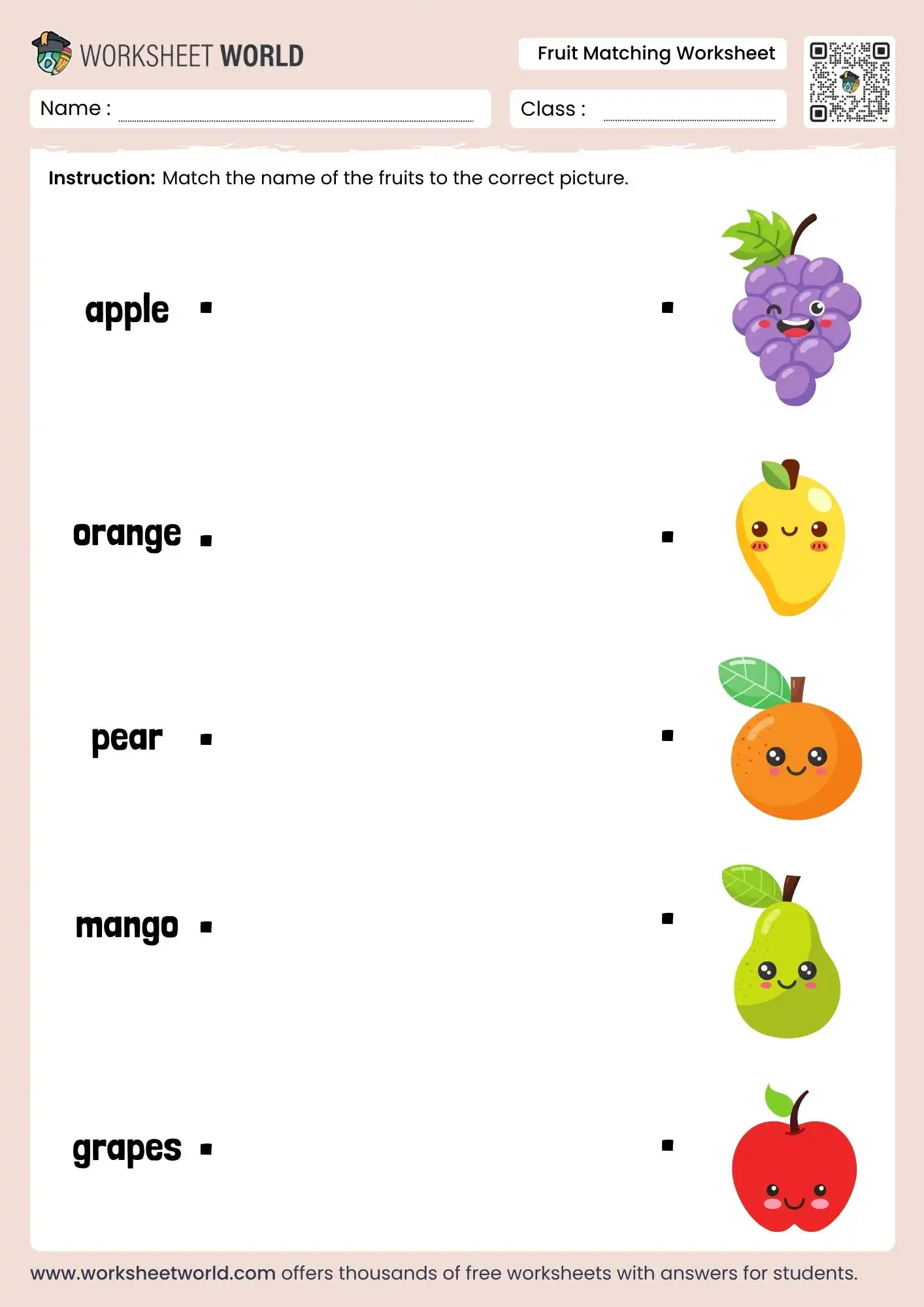 fruit matching worksheet for preschool kindergarten vocabulary activity