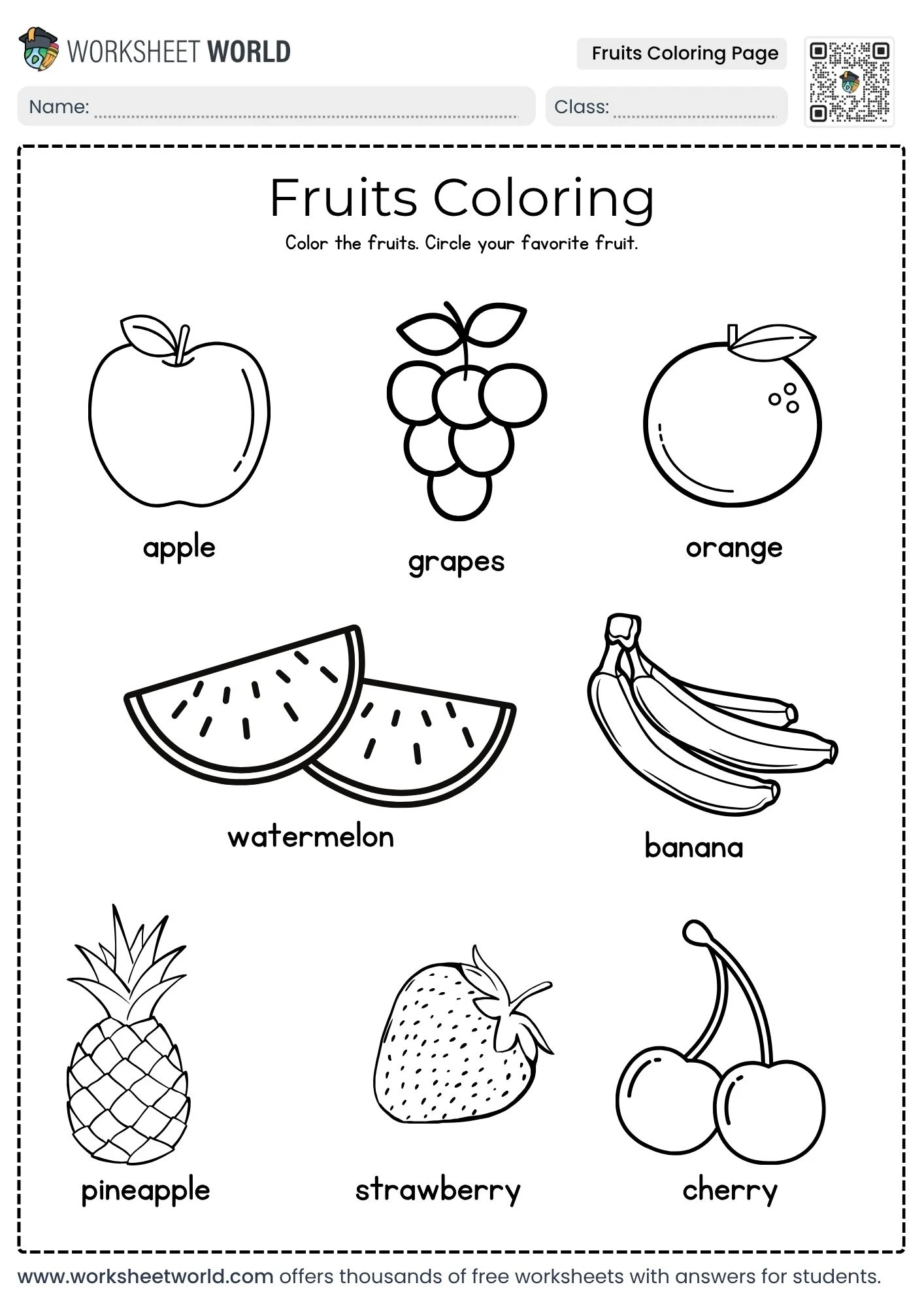 fruits-coloring-page fruits coloring page free printable apple grapes orange watermelon banana pineapple strawberry cherry