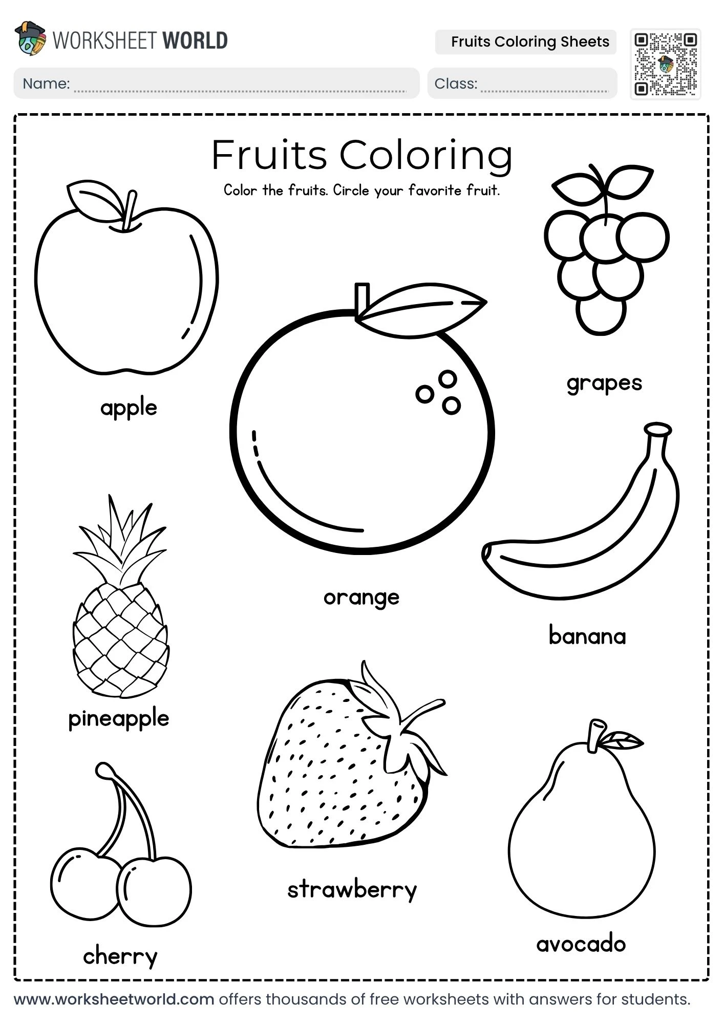 fruits-coloring-sheets-1 fruits coloring sheets free printable apple orange grapes banana pineapple strawberry cherry avocado
