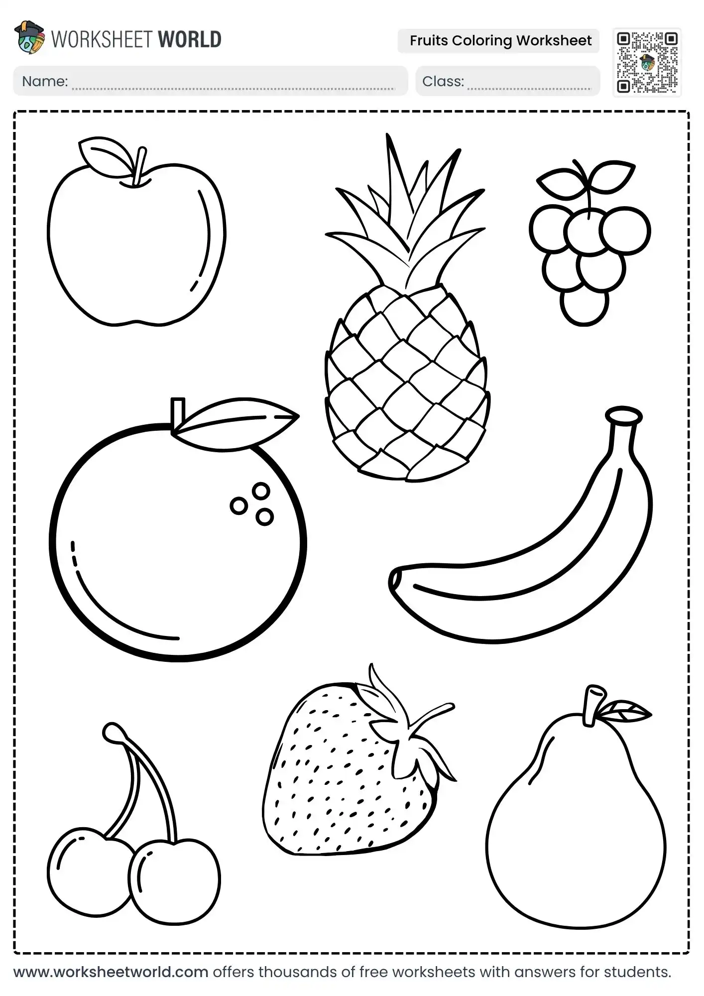 fruits-coloring-worksheet fruits coloring worksheet free printable apple pineapple grapes orange banana cherry strawberry pear