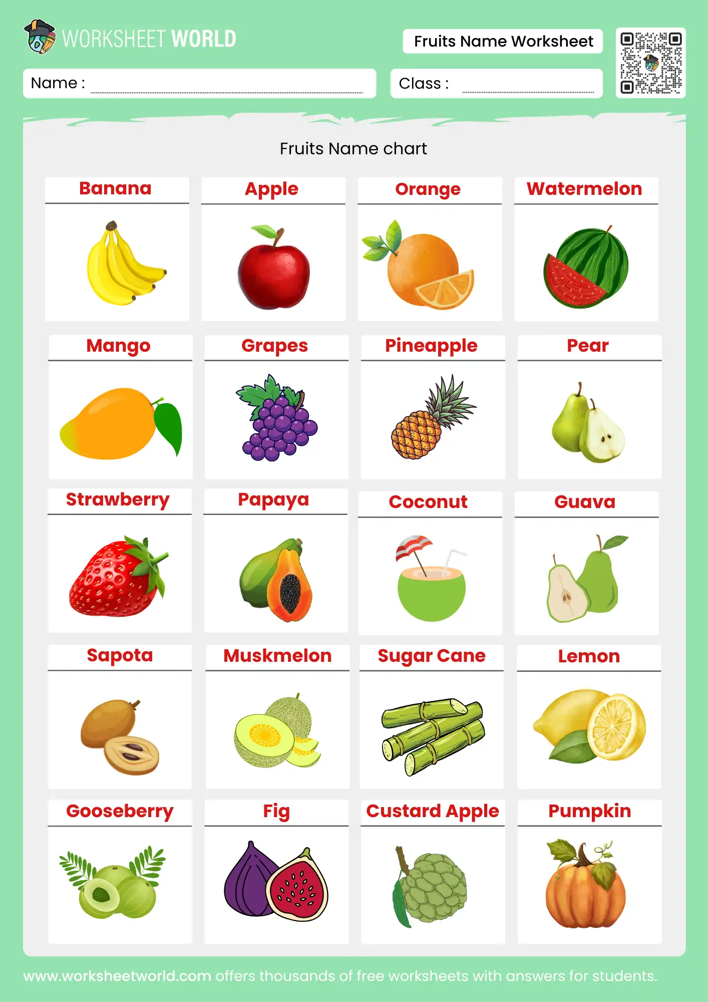 fruits name chart worksheet for nursery lkg ukg kids
