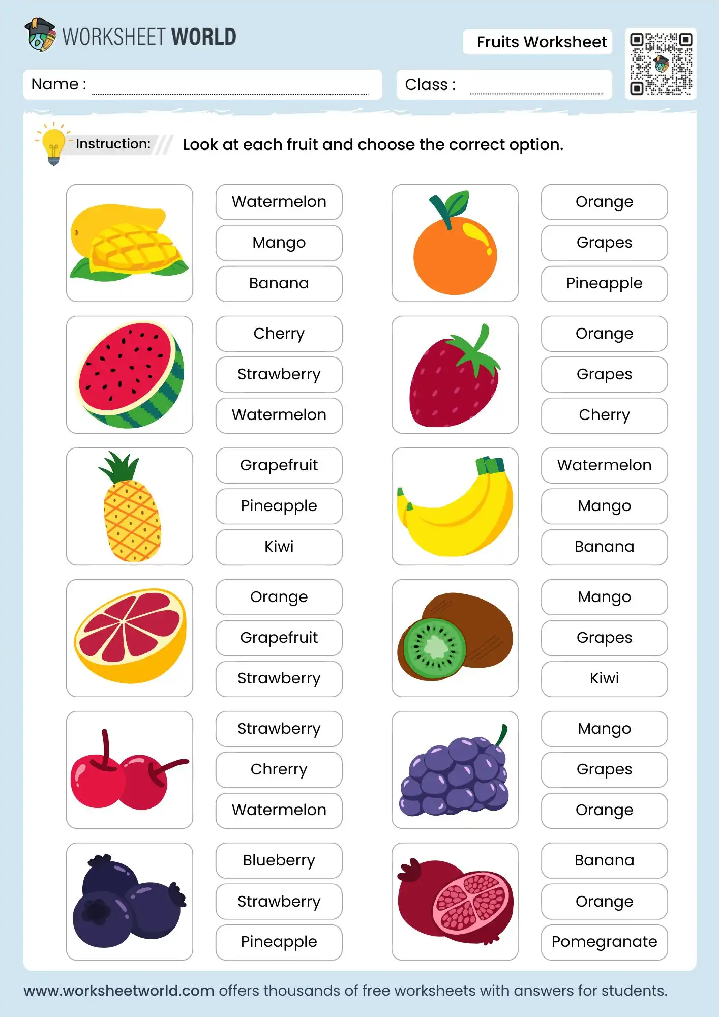 fruits name worksheet for kindergarten free printable
