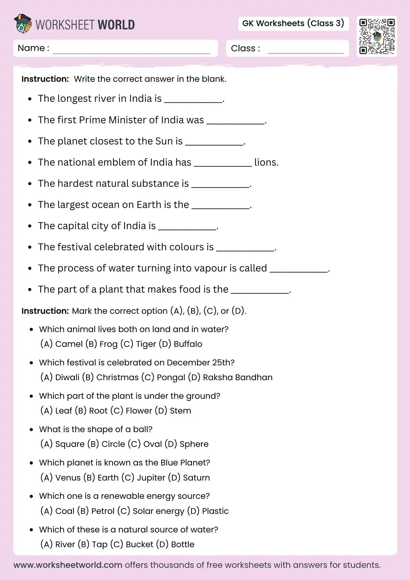 gk worksheet for class 3 questions and answers printable for kids